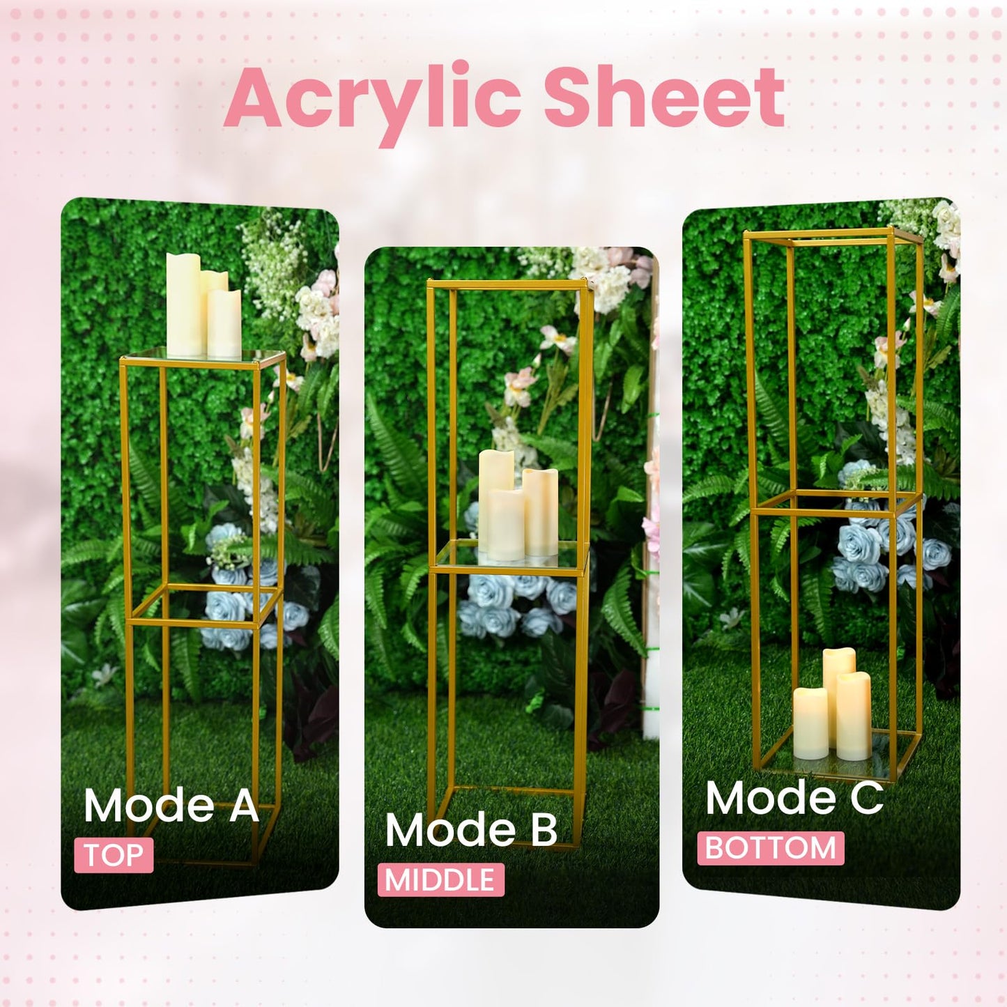 YALLOVE 2 Pcs 31.5 Inch Metal Flower Stand, Gold Centerpieces Vases Stand With Clear Acrylic Sheets, Geometric Display Rack for Wedding Party Decorations