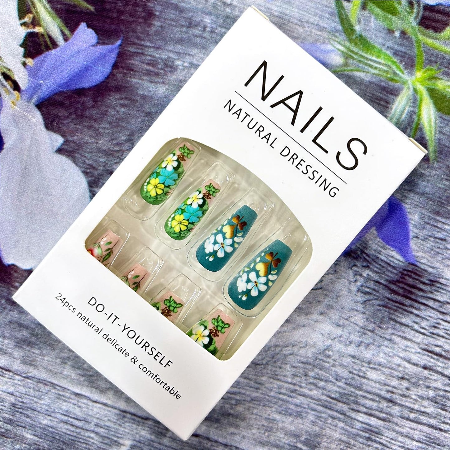 CJDLTS Green Press on Nails Medium Square Nails Flower False Nails Spring Floral Pattern Design Coffin Nails Full Cover Artificial Nails Reusable Stick on Nails 24Pcs Glue on Nails for Women