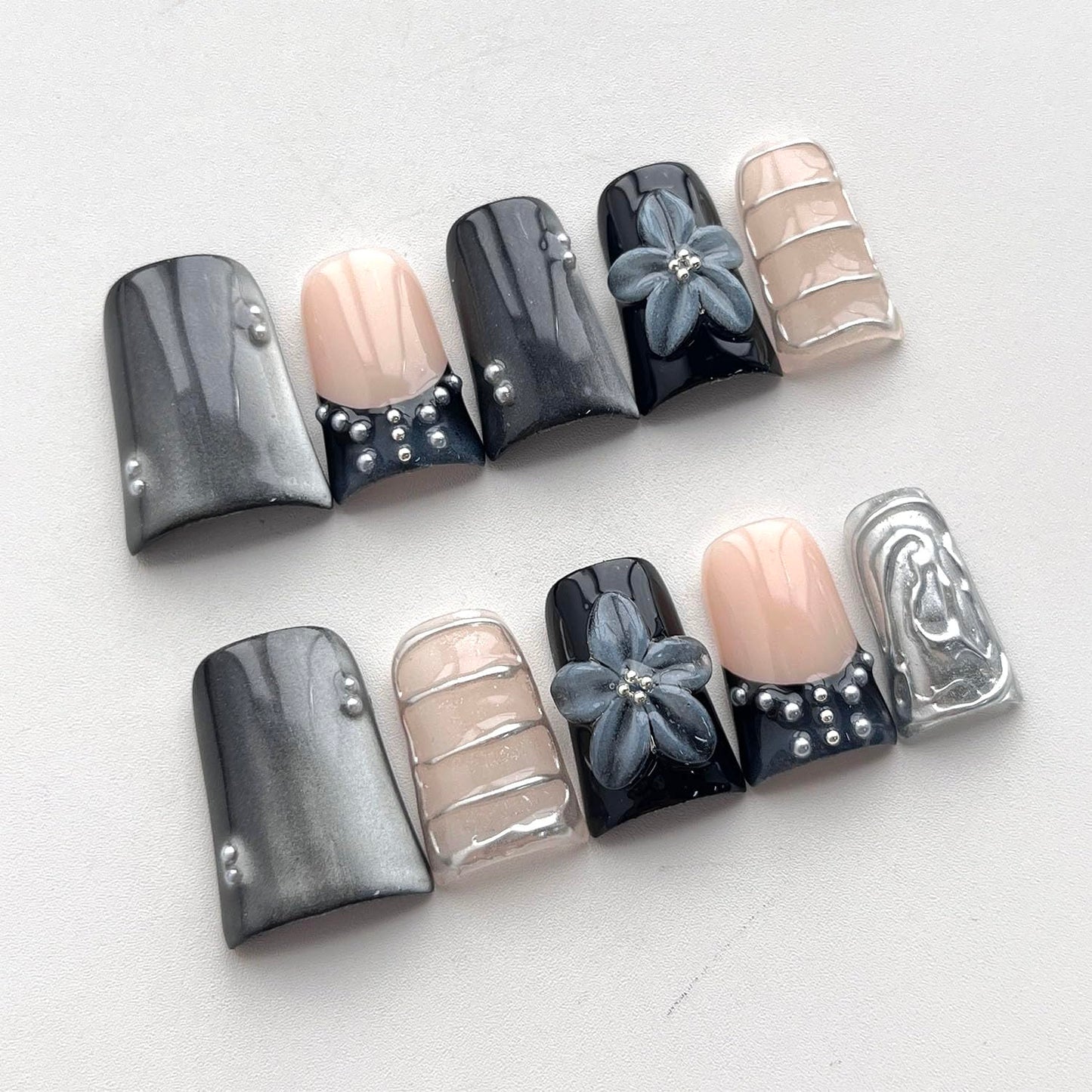 French Tip Press on Nails Handmade Short Duck 3D Flower Thick Acrylic Nails Black Sparkly False Nails with Pearls Silver Chrome Powder Designs Glossy Fake Nail Sturdy Art Press on Nail 10Pcs(S)