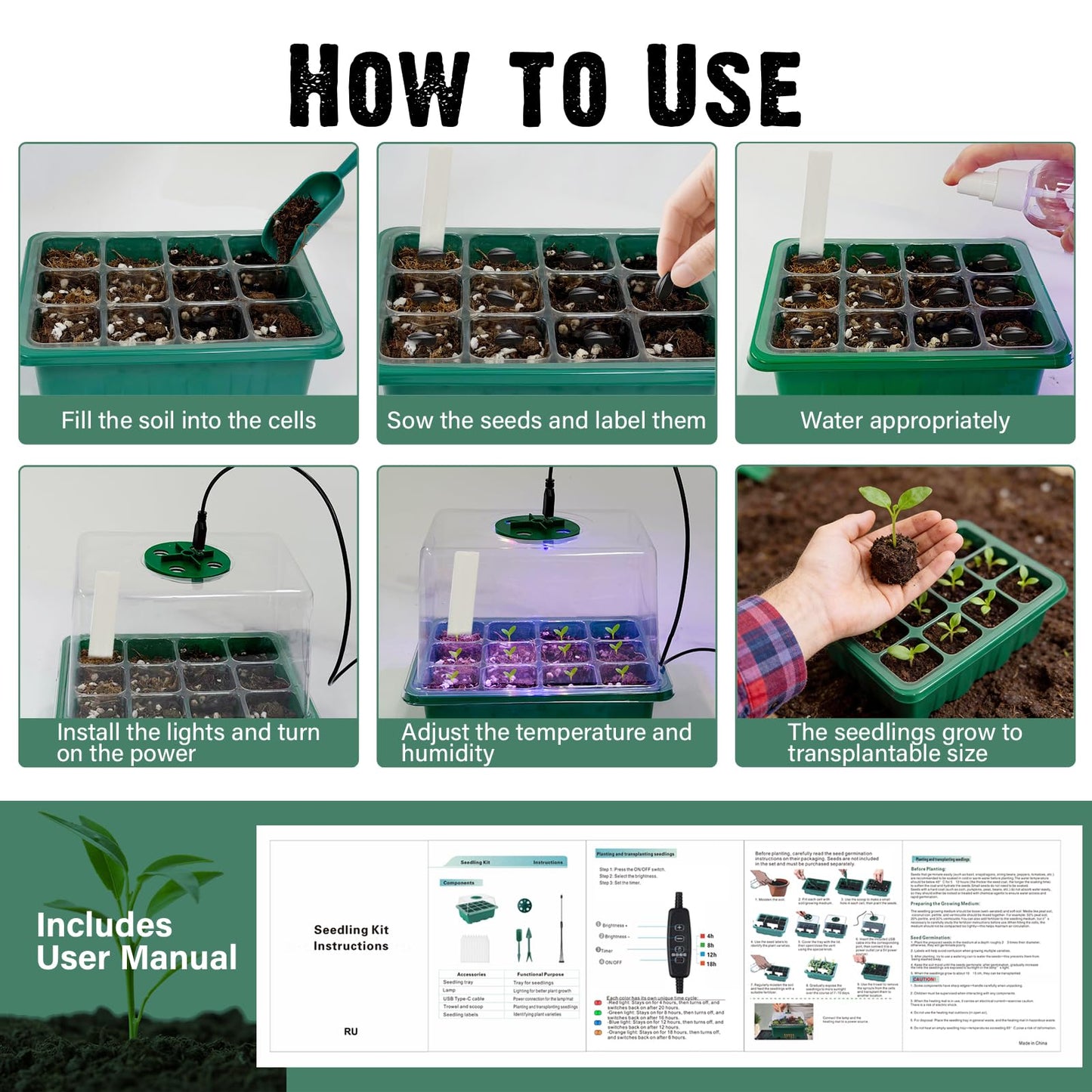 Bhyhok 6 Pack Seed Starter Kit with Grow Light 72 Cells Plant Starter Trays with 3.9 Inch Adjustable Humidity Dome Reusable Indoor Plant Germination Tray for Gardening