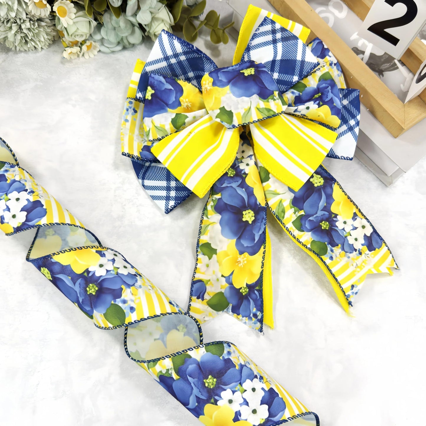 Spring Summer Blue Floral Wired Ribbon, Retro Yellow Blue Flower Ribbon for Bow Wreath Making DIY Gift Wrapping, Holiday Wedding Birthday Party Decorations, 3 Rolls, 2.5Inch,12 Yards (Blue)