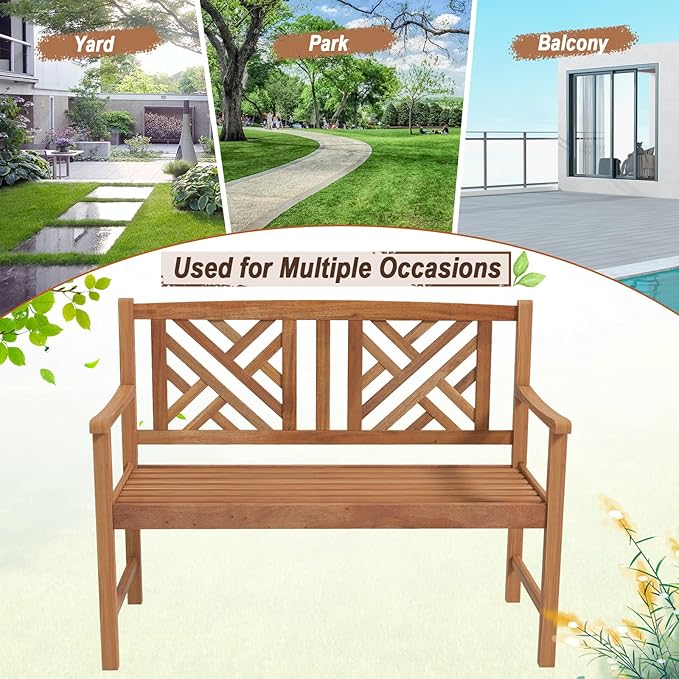 Giantex Outdoor Wooden Garden Bench - 2-Person Acacia Wood Loveseat with Armrests, Backrest, 800lbs Capacity, Patio Park Bench for Backyard, Front Porch Bench (Non-Foldable)