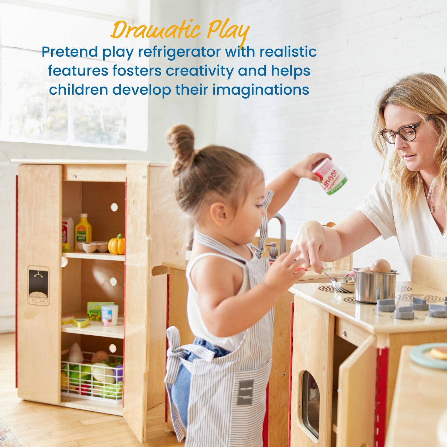ECR4Kids Wooden Pretend Play Kitchen Refrigerator for Kids, Montessori Furniture, Natural