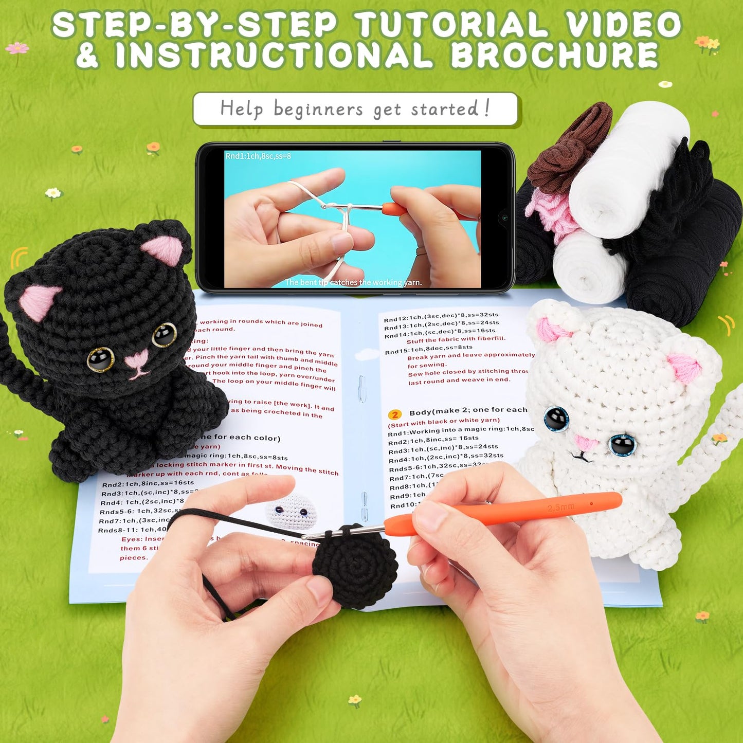 Fortuning's JDS Crochet Kit for Beginners, Cat Crochet Kits Complete Starter Kit with Step-by-Step Video Tutorials, Knitting Kit Adults, DIY Craft Gift for Birthday, Valentine's Day, Christmas