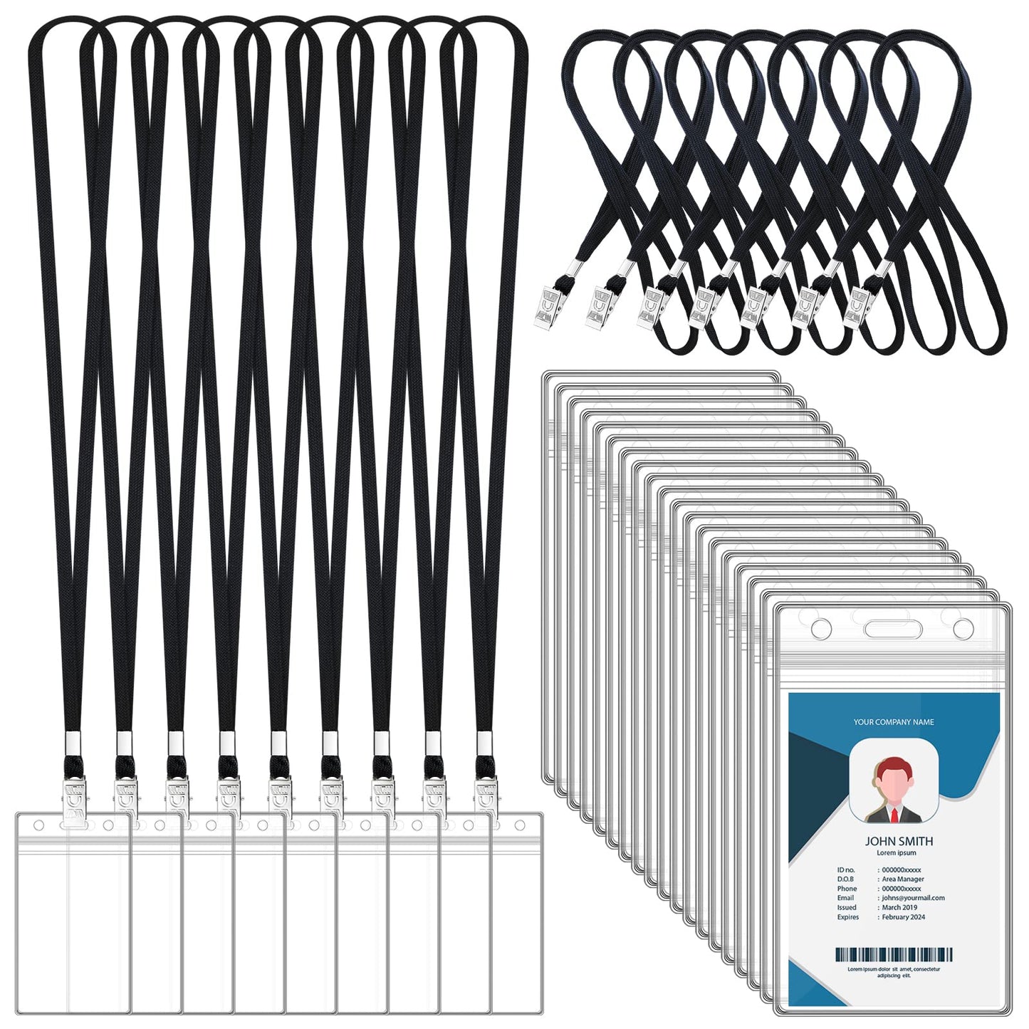 100 Sets Lanyards for Id Badges and Clear Plastic Vertical Name Badge ID Card Holders, Flat Neck Lanyards with Clip Waterproof Resealable Name Tag Badge ID Card Holders, Black