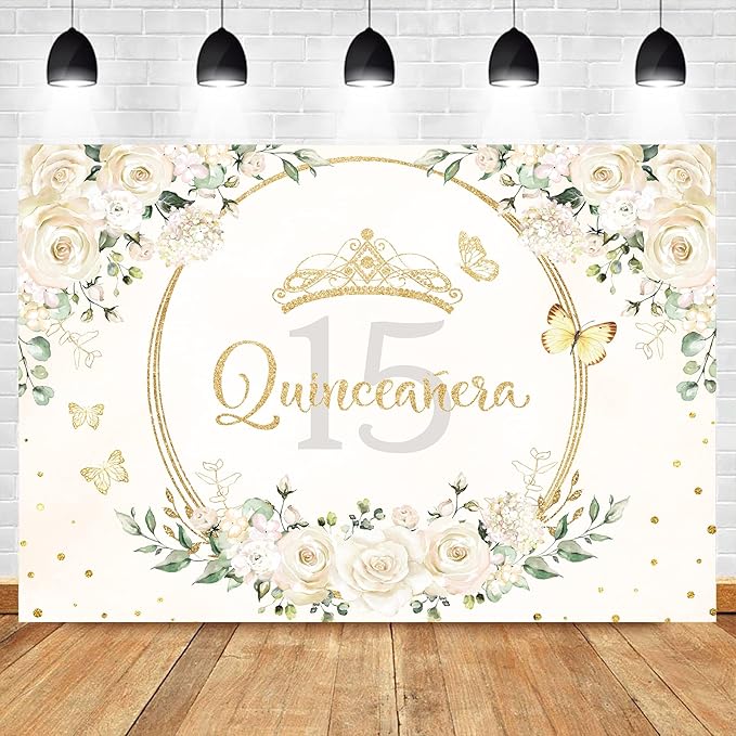 Homewelle Quinceañera Backdrop 7Wx5H Feet Polyester Fabric Mis Quince 15 Anos Birthday Party Decorations Supplies for Girl Princess White Floral Gold Crown Butterfly Photography Background Props