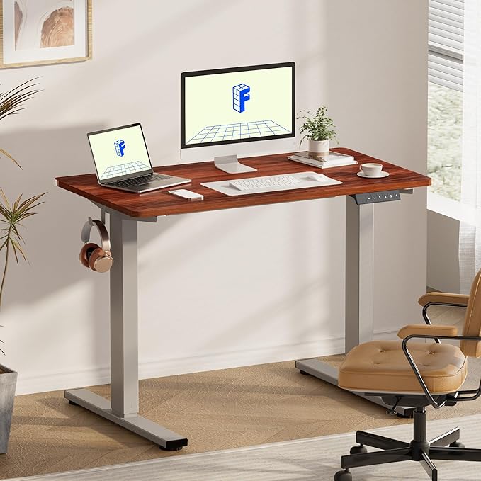FLEXISPOT EN1 Whole-Piece Standing Desk, 48 x 30 Inches Electric Adjustable Desk for Home Office (Silver Frame + 48 in Mahogany Top, 2 Packages)