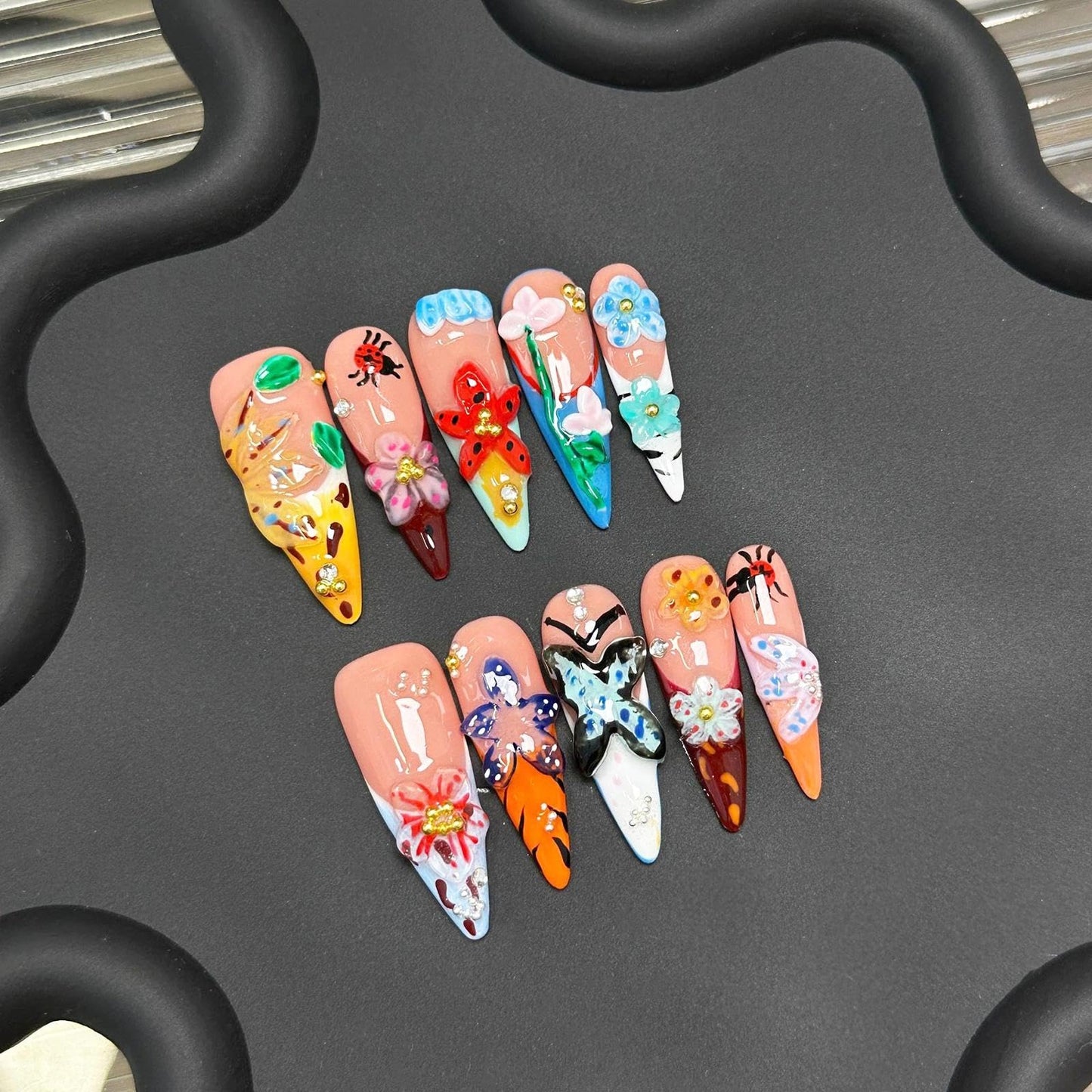 Handmade 3D Sweet Pastoral 3D Floral Stiletto Press On Nails, Playful Rhinestone Artisan Nails Set, Reusable Glossy Press-ons with Tool Kit(S)