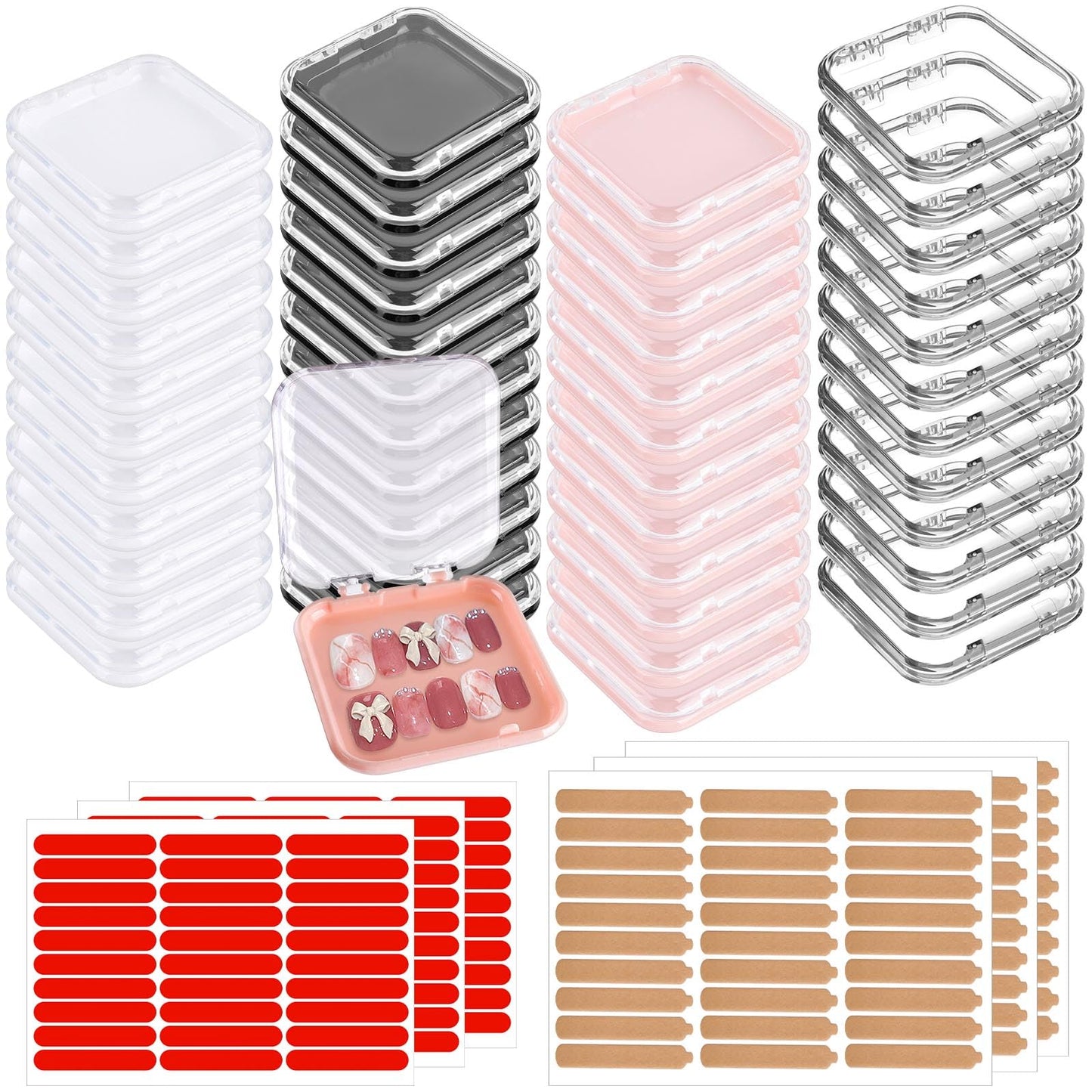 Aemygo 48 Sets Press On Nail Storage Box, Artificial Nail Display Case Acrylic Nail Boxes Press On Nail Packaging Box, Adhesive Double Sided Tape Nail Box for Nail Salon（4 Colors）