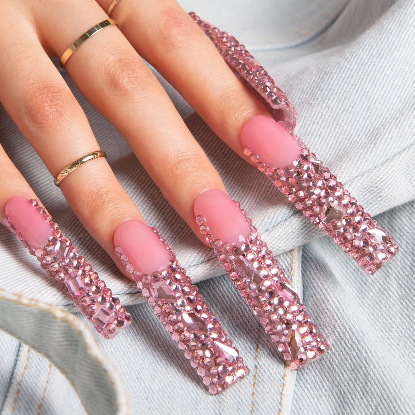 LOVFUL Press on Nails Pink French Tip Rhinestone | Handmade with Full Covered Crystals | Reusable Fake Nails | Square Long 2.2 in | H27-S