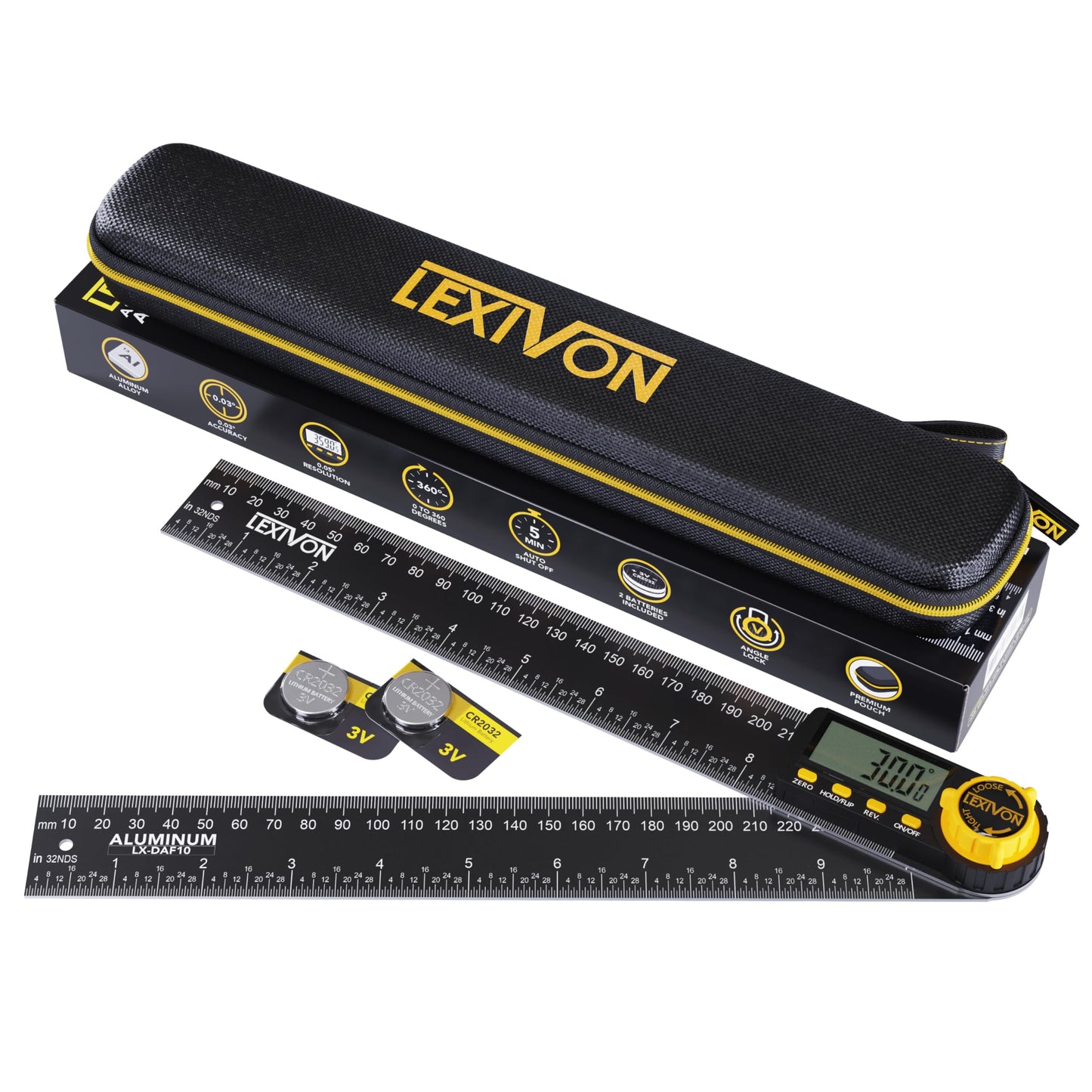 LEXIVON Aluminum Digital Angle Finder Gauge, 10-inch/250mm Multi-Purpose Protractor, Includes XL Display and Rugged Zippered Pouch (LX-DAF10)