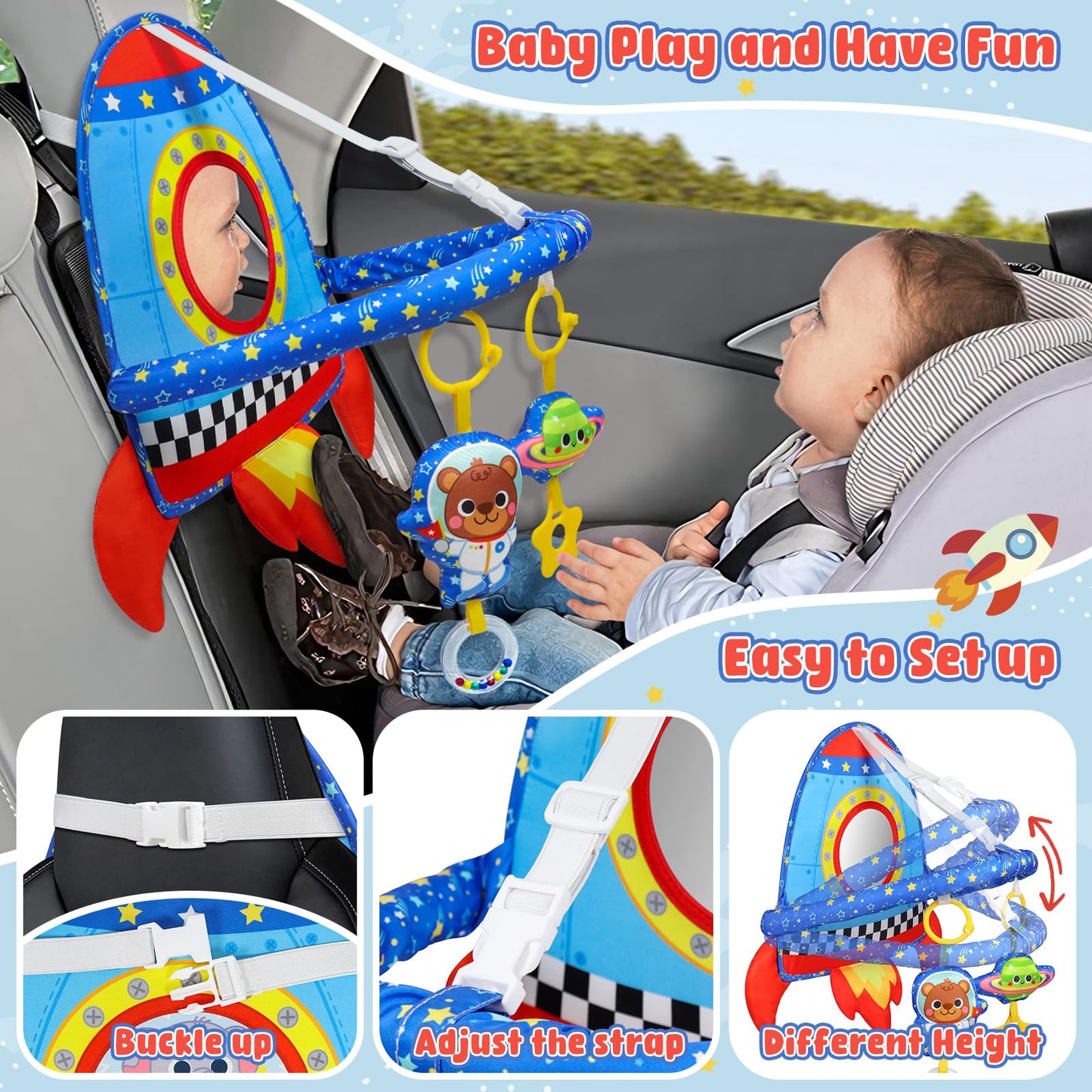 Dr.Rapeti Double-Sided Car Seat Toy, Rear Facing Car Seat Toy, Travel Activity Set, Easier Drive for Newborn, Adjustable Activity Arch with Baby Mirror, Teether, Ring Rattles