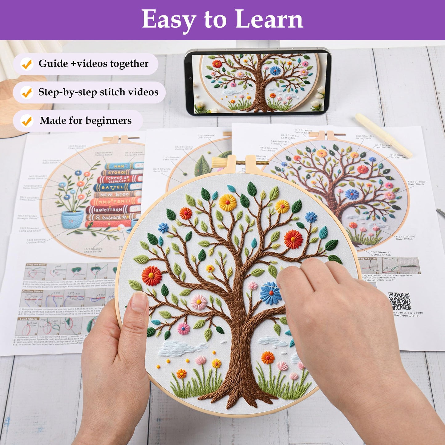 3 Sets Embroidery Kit for Beginners with Stitch Video, Flower Butterfly Tree Books Cross Stitch Kits for Adults, Needle Point Kits with Stamped Pattern, Hoop, Needles, Tools, DIY Arts and Crafts
