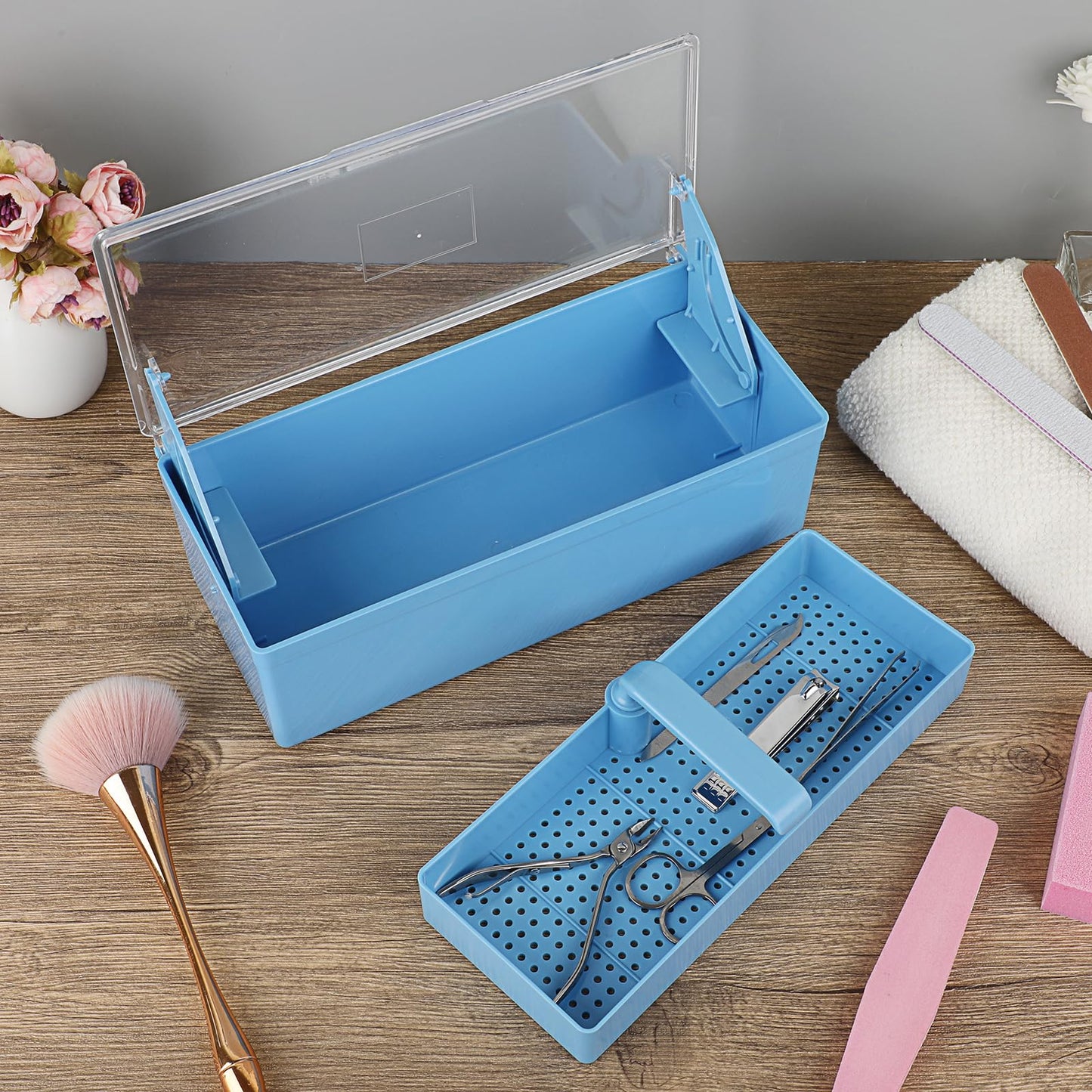 JUXYES Plastic Sterilizing Tray for Nail Art Accessories Tools, Portable Nail Art Tool Sterilizer Tray with Strainer, Storage Box Tool Box for Tweezer Manicure Tools Pedicure Tool