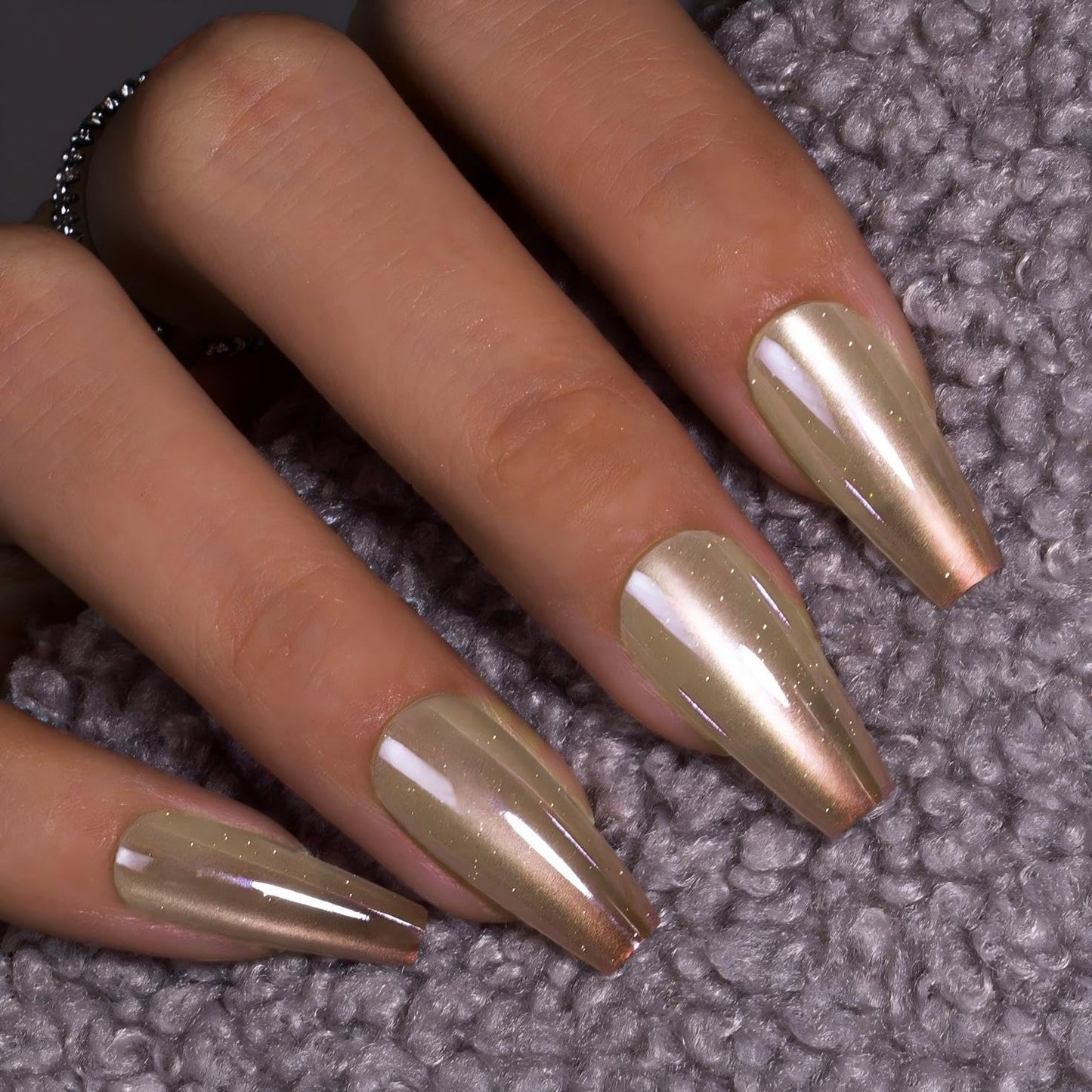 KQueenest French Press On Nails Extra Long Square - Chrome Ombre Press On Nails with Glue, Glitter Nude Brown Fake Nails Press ons Coffin, Reusable Glazed Soft Gel Glue on Nails for Women, 30 Pcs