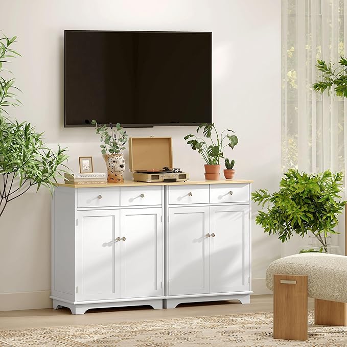 HOMCOM Sideboard with Solid Wood Countertop, Modern Kitchen Storage Cabinet, Coffee Bar Cabinet with 2 Drawers, Doors and Adjustable Shelf, White