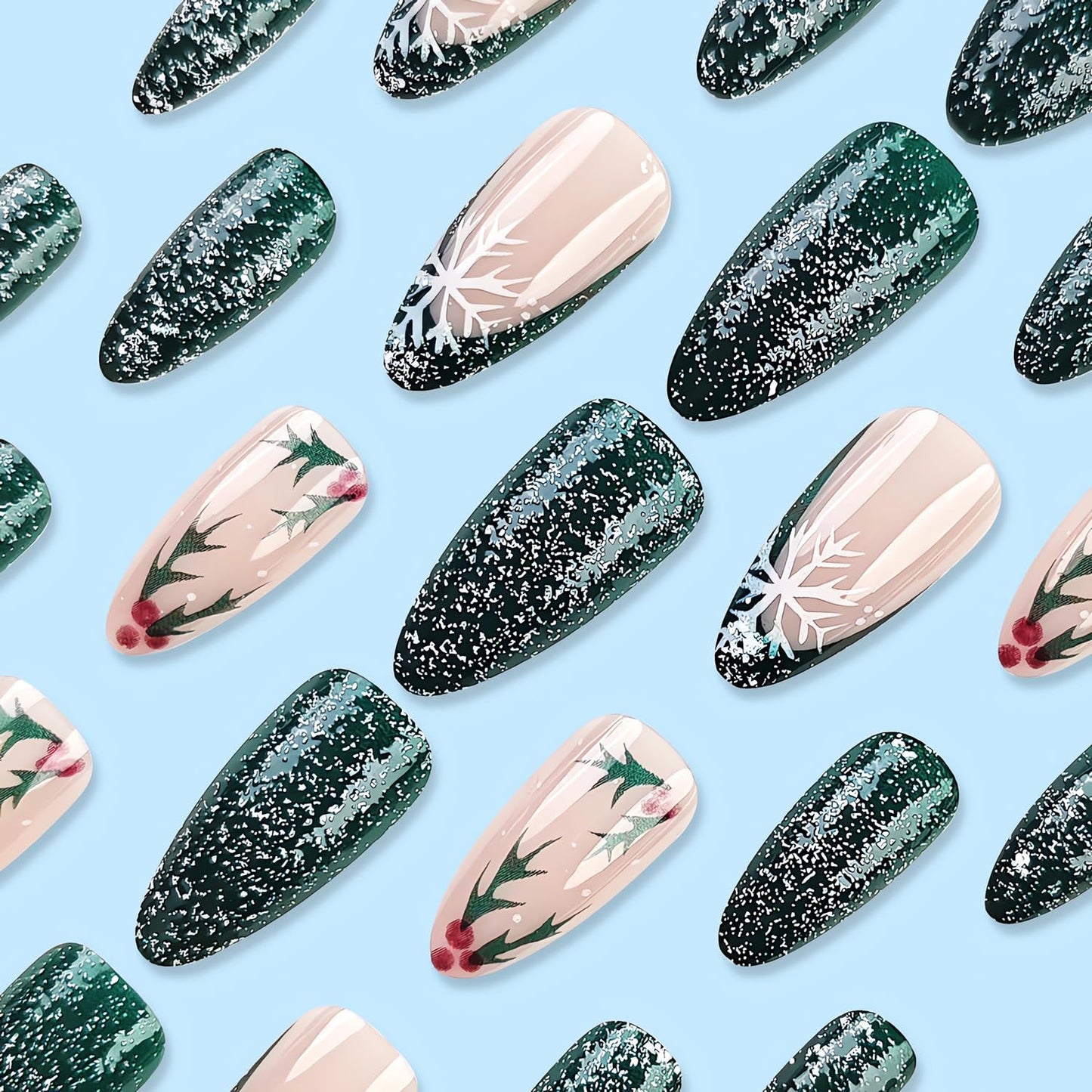 Christmas Press on Nails Almond Medium Fake Nails Green Glitter French Acrylic Nails Kit Winter False Nails with Snowflake Designs Holiday Stick on Nails Glue on Nails for Women DIY Manicure 24Pcs