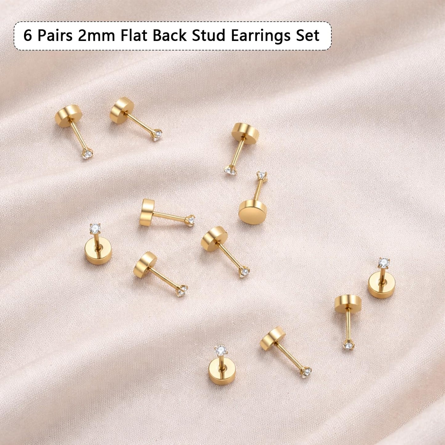 6 Pairs Gold 2mm Tiny Flat Back Earrings for Women Men, Surgical Steel 20G Small Stack Round Cubic Zirconia Earrings for Multiple Piercing, Hypoallergenic Piercing Studs for Sensitive Ears