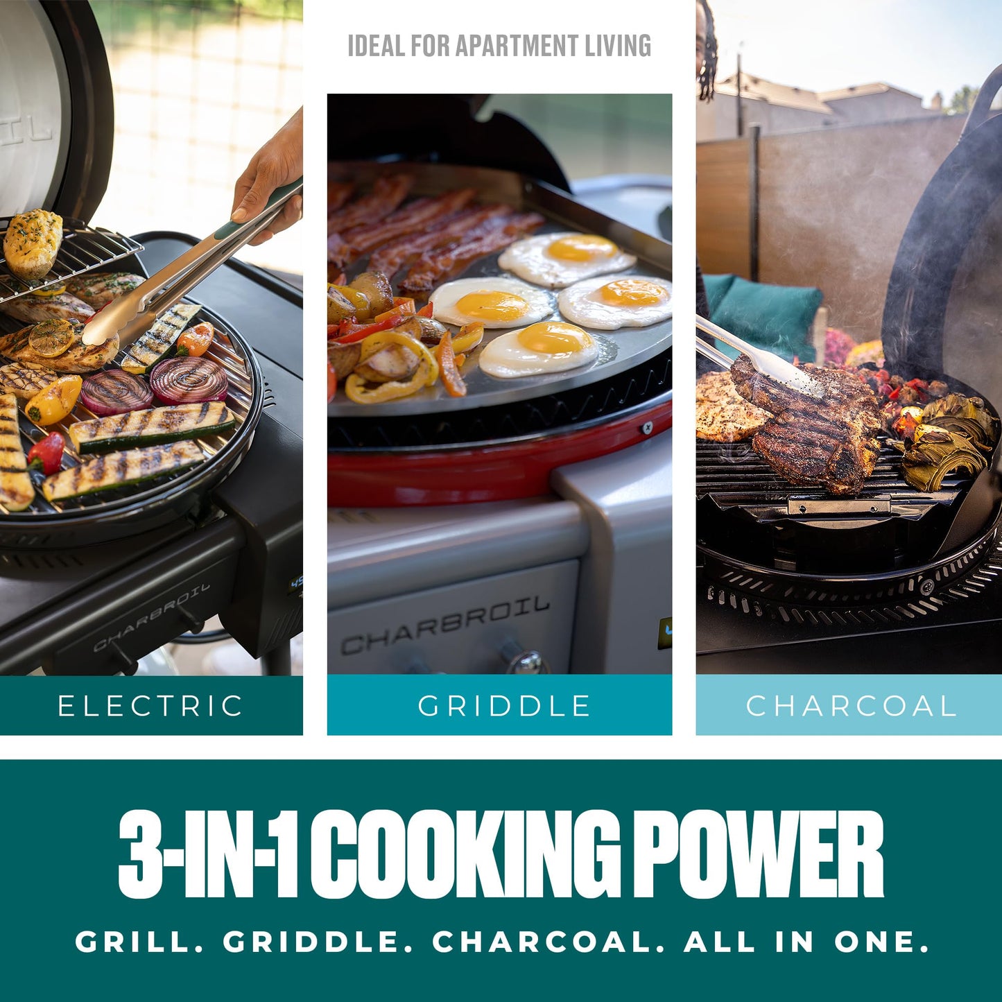 Charbroil 3-in-1 Dual Fuel Outdoor Bistro Pro Electric Grill & Griddle + Charcoal Mode BBQ, Red - 25302146