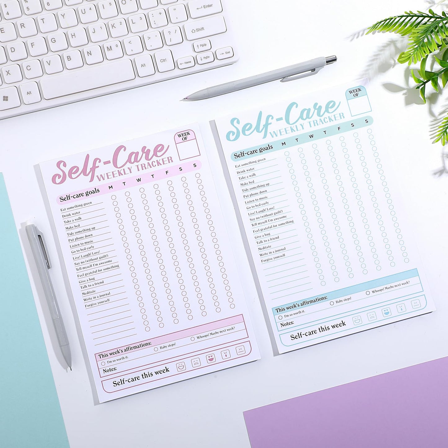 Qilery 2 Pack Self Care Weekly Tracker Pad Self Care Checklist Note Pad 6 x 9 Inches Pastel Blue Pink Tracker Mental Health Wellness Planner