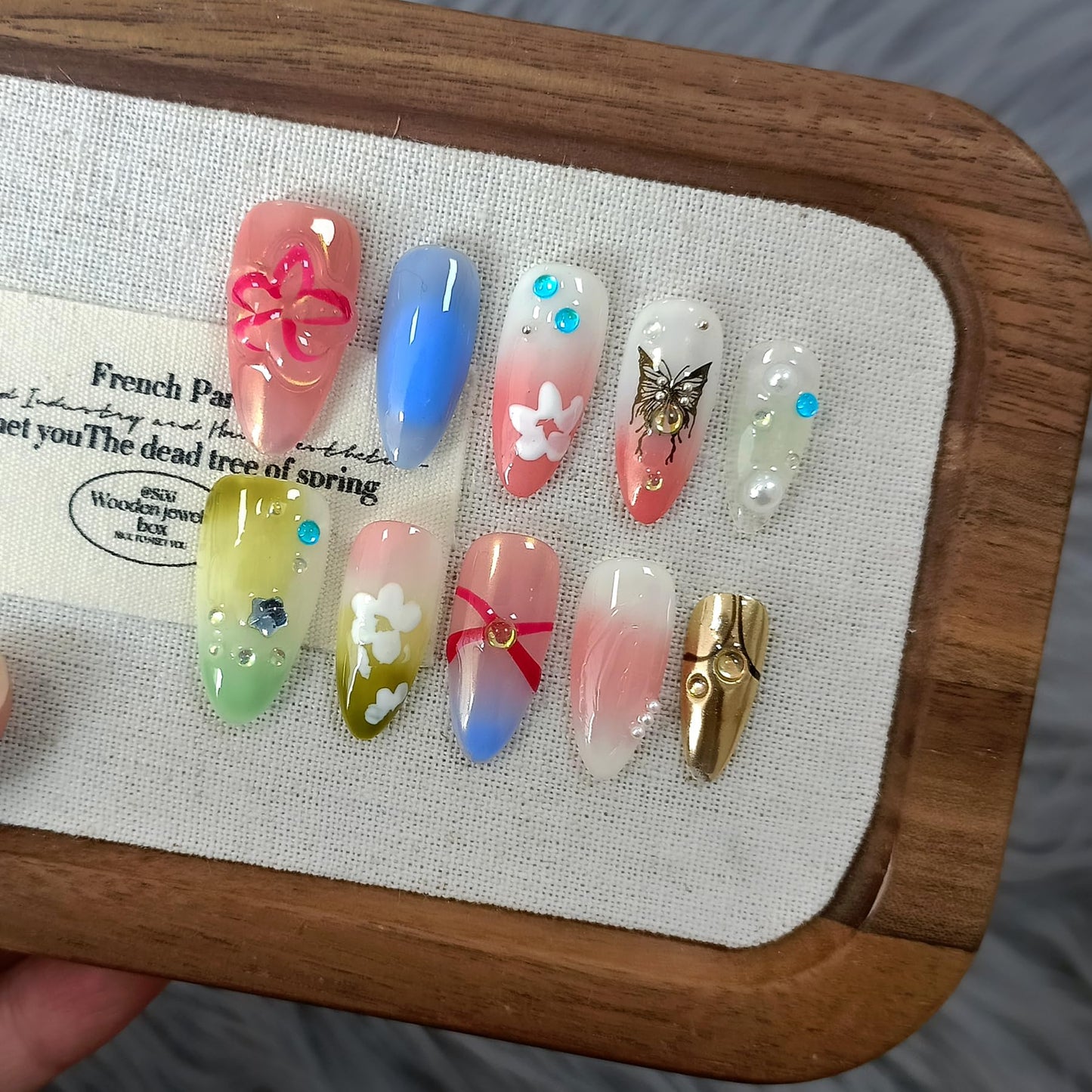 TENPAL Colorful Almond Nails,Handmade Press on Nails,Glossy Pink Green Purple Soft Gel Finished with Flower Butterfly Pattern,Acrylic Glitter Butterfly Nails For Summer(S)