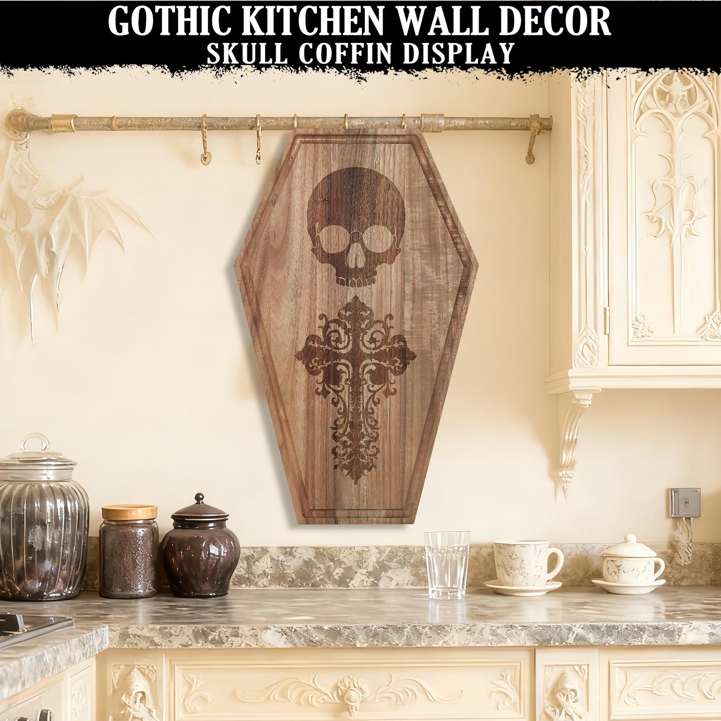 Halloween Coffin Charcuterie Board,Gothic Acacia Wooden Cutting Board for Kitchen Food Display,Skeleton Pattern Serving Tray,Goth Party Decor,Spooky Platter Gifts,17×10.5 Inch