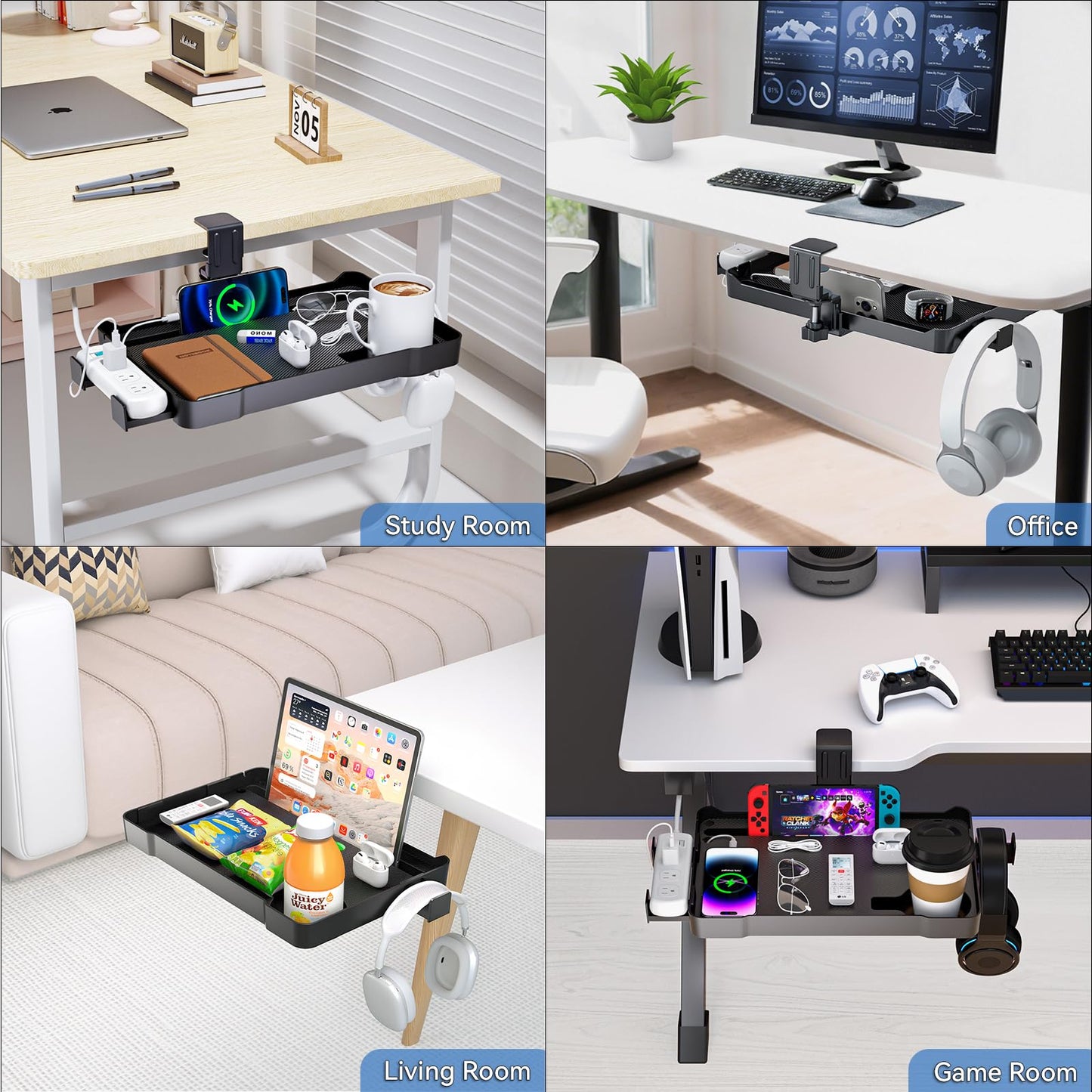 KDD Under Desk Organizer - 360° Rotating Clamp-On Tray with Headphone Hook, Phone & Tablet Holder, Cup Holder, and Cable Management - No Drilling Desk Storage Accessories for Office and Home