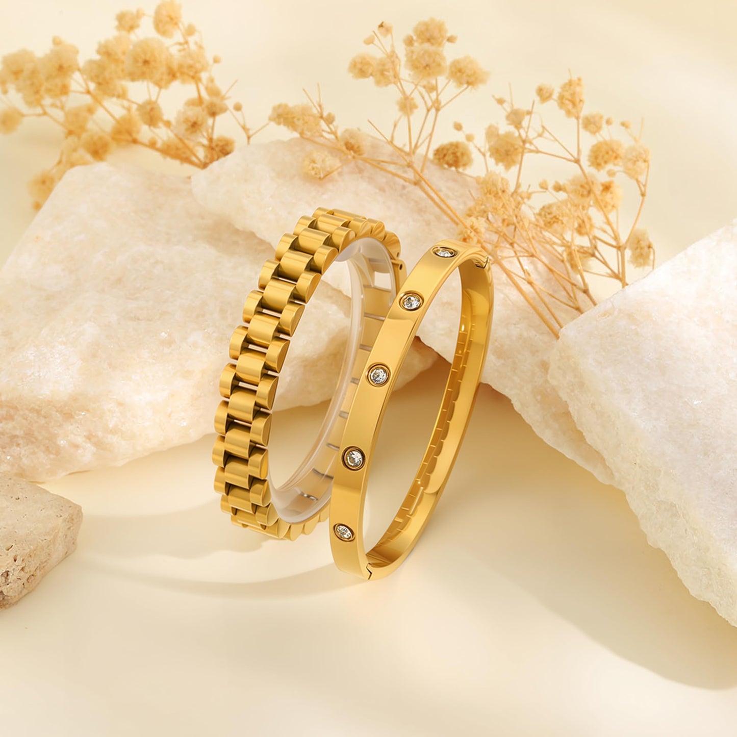 2PCS Gold Chain Link Watch Bracelet Set,18K Gold Plated Stackable Bracelets for Women,Stainless Steel Jewelry with Adjustable Tool, Non-Tarnish Friendship Love Bracelet Gift for Her. (2pcs-A Gold)