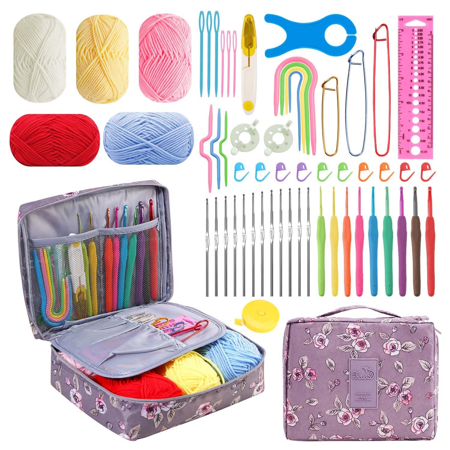 HATINXIA 58pcs Crochet Kit Beginners, Crochet Hook Set with Yarn, Portable Crocheting Kit for Starter, Ergonomic Crochet Needles Tools DIY Knitting Accessories for Experienced Crochet Lovers, Purple