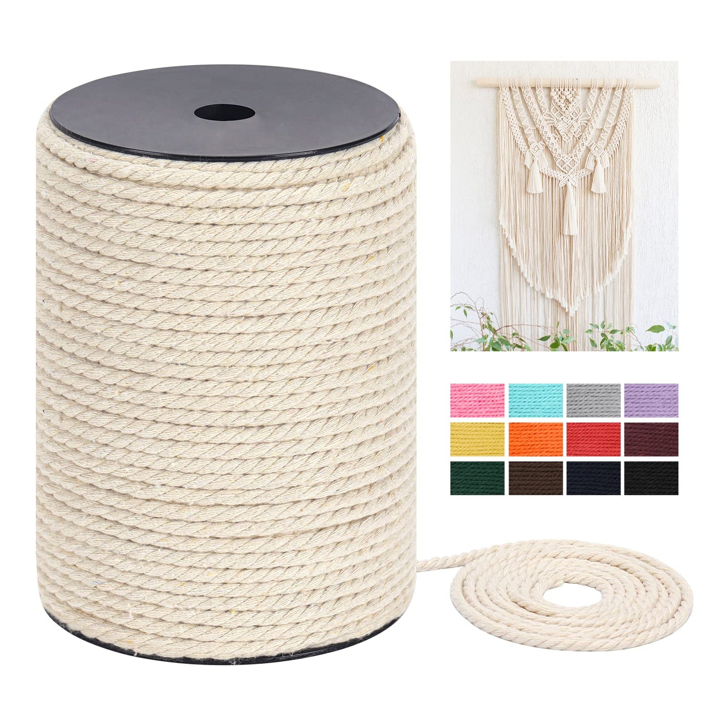Macrame Cord 5mm x 109Yards（328Feet, Natural Cotton Macrame Rope - 3 Strands Twisted Macrame Cotton Cord for Wall Hanging, Plant Hangers, Crafts, Gift Wrapping and Wedding Decorations