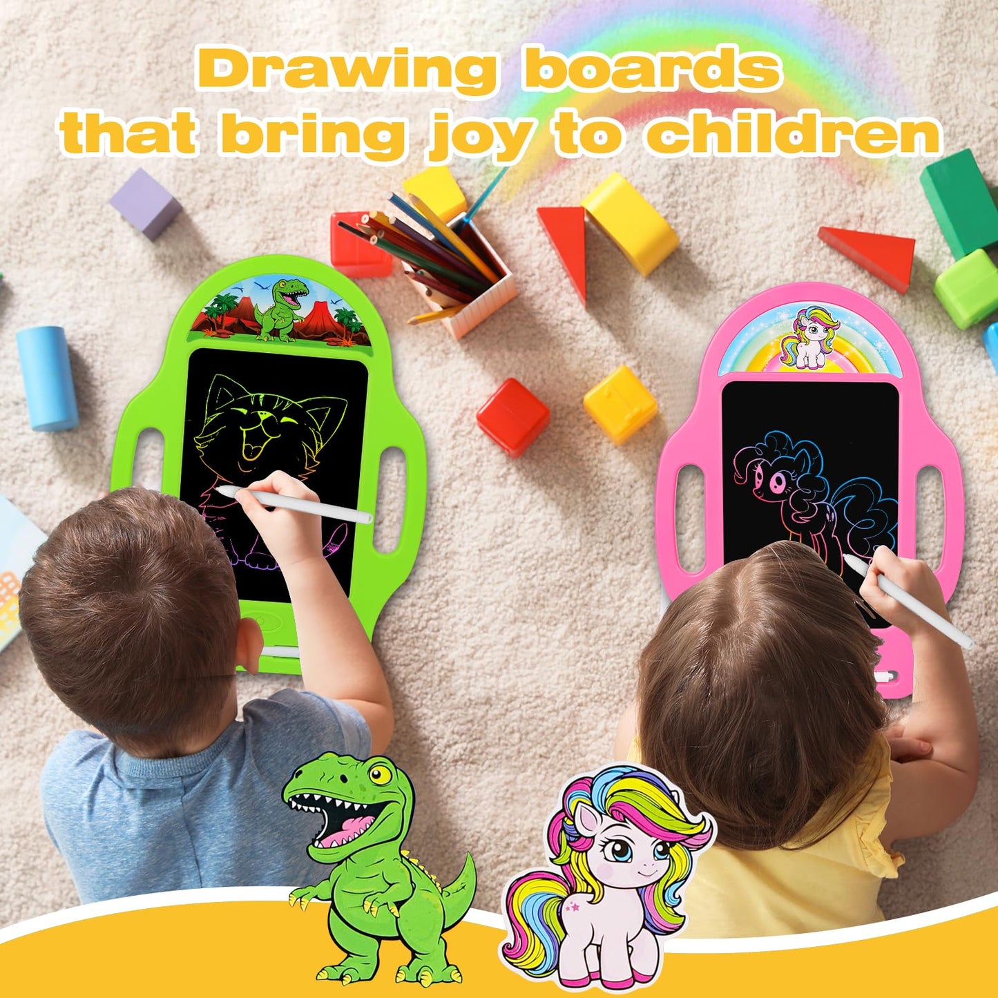 2 Pack 8.5 Inch LCD Writing Tablet for Kids 2-6, Dinosaur & Unicorn Doodle Board with Handle, Travel Car Toy for Twins Siblings, Educational Gift for Boys Girls