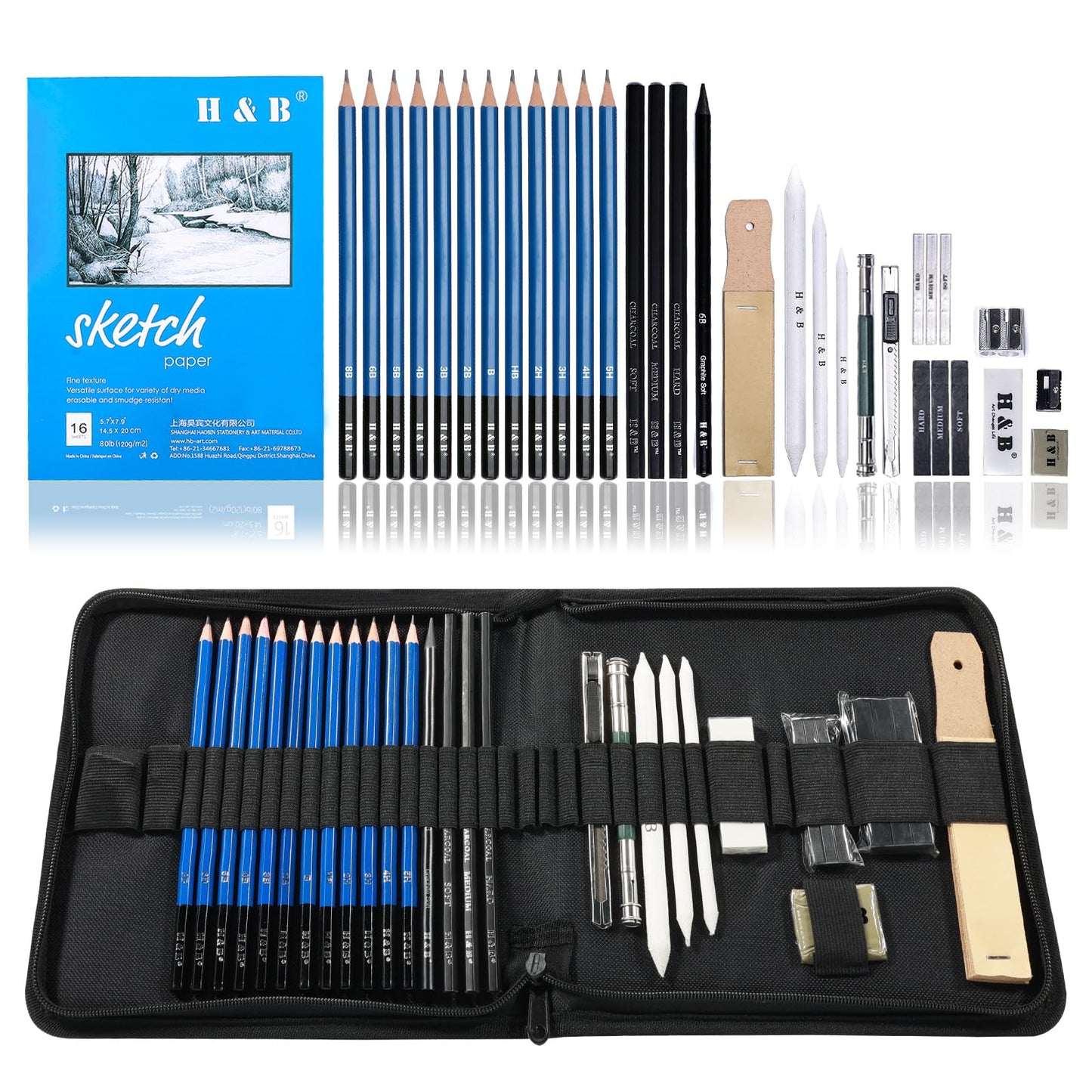 H & B 33 Pieces Drawing Pencils Set, Sketching Pencils Set & Drawing Kit, Includes Sketch Pad, Graphite Pencils, Charcoal Sticks and Eraser, Supplies for Artists/Beginner/Adults