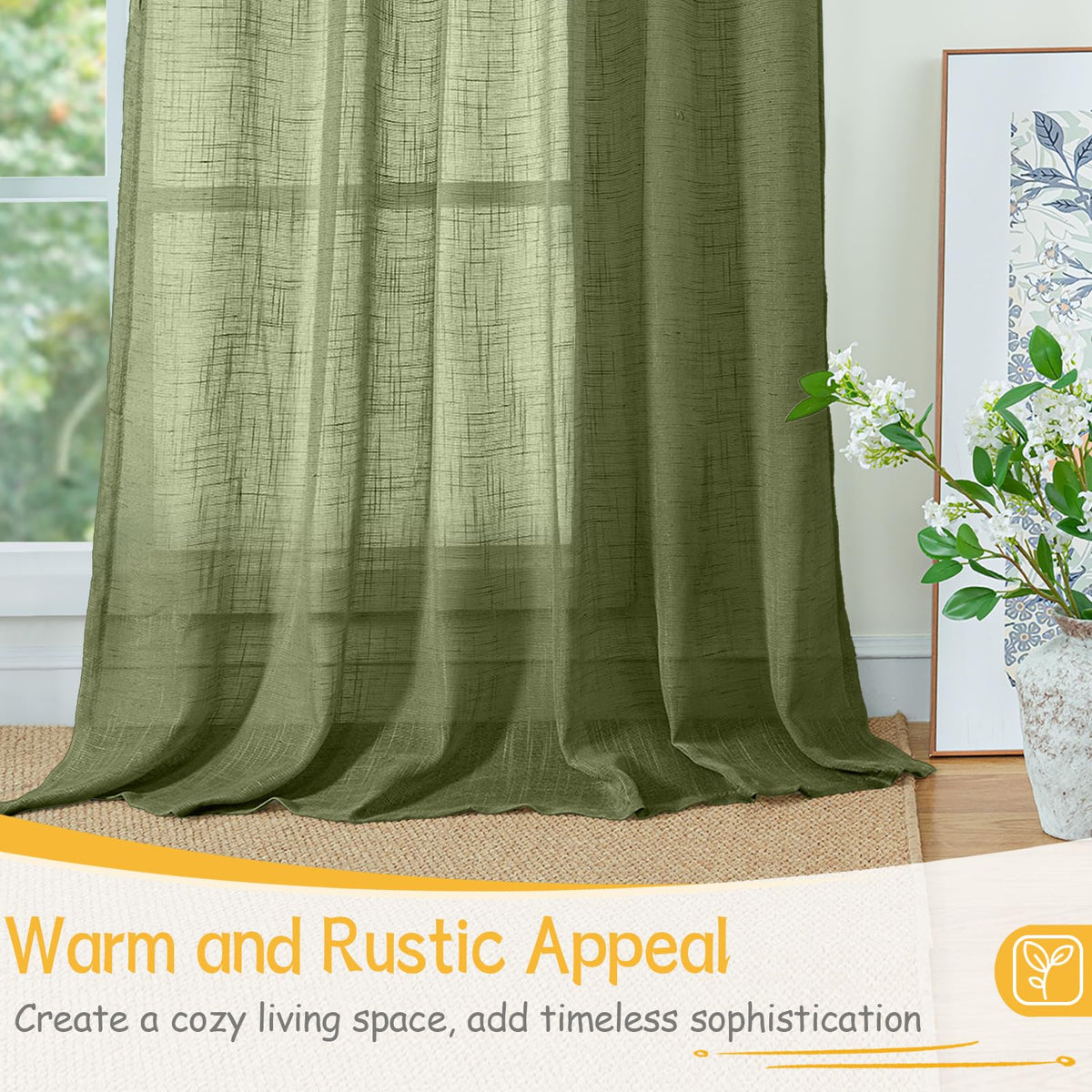 Olive Green Linen Semi Sheer Curtains 90 Inch Length (2 Count)