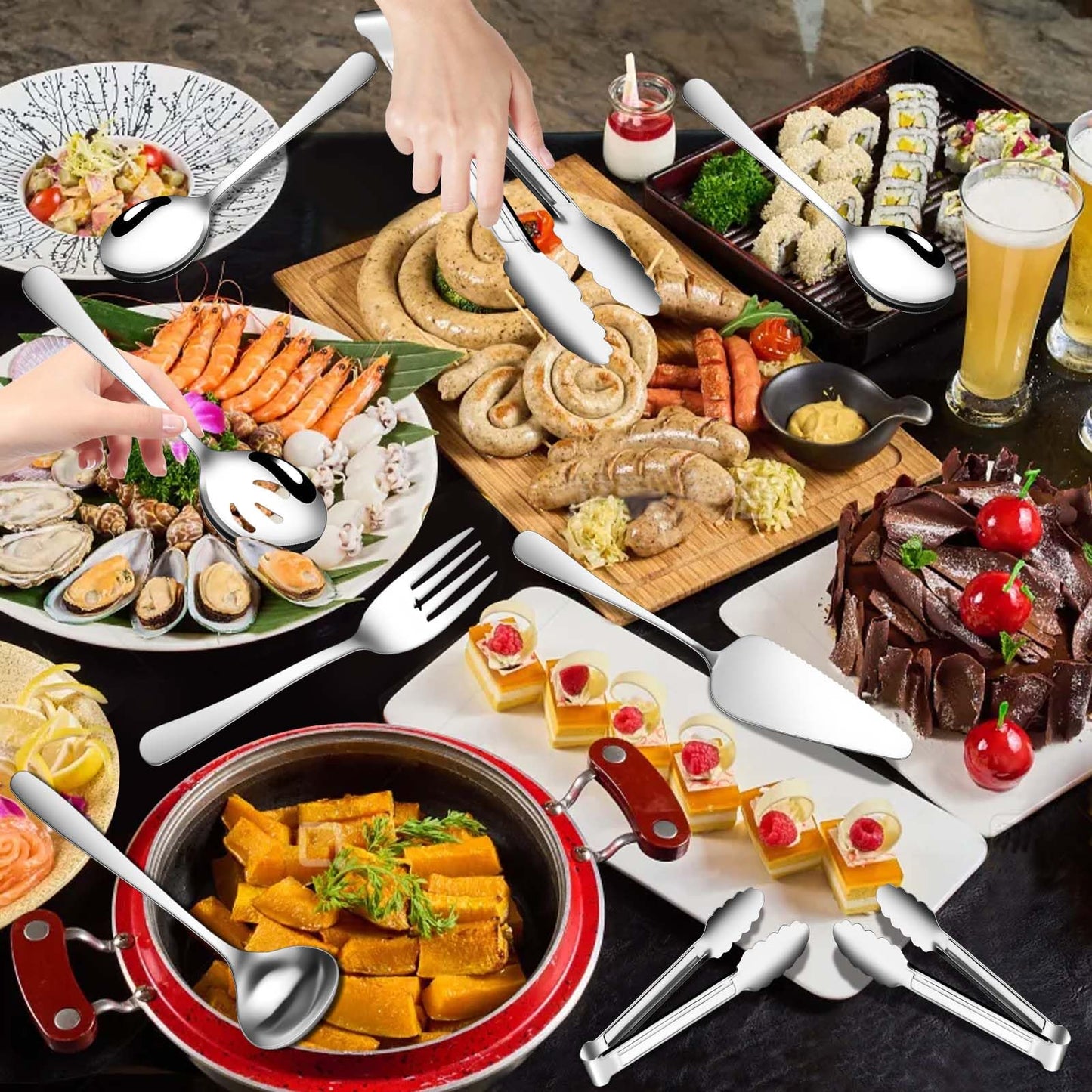 Gisly 12-Piece Serving Set - Large Spoons, Forks, Tongs, Ladle, Cake Server & Appetizer Tongs for Buffet Catering, Dishwasher Safe
