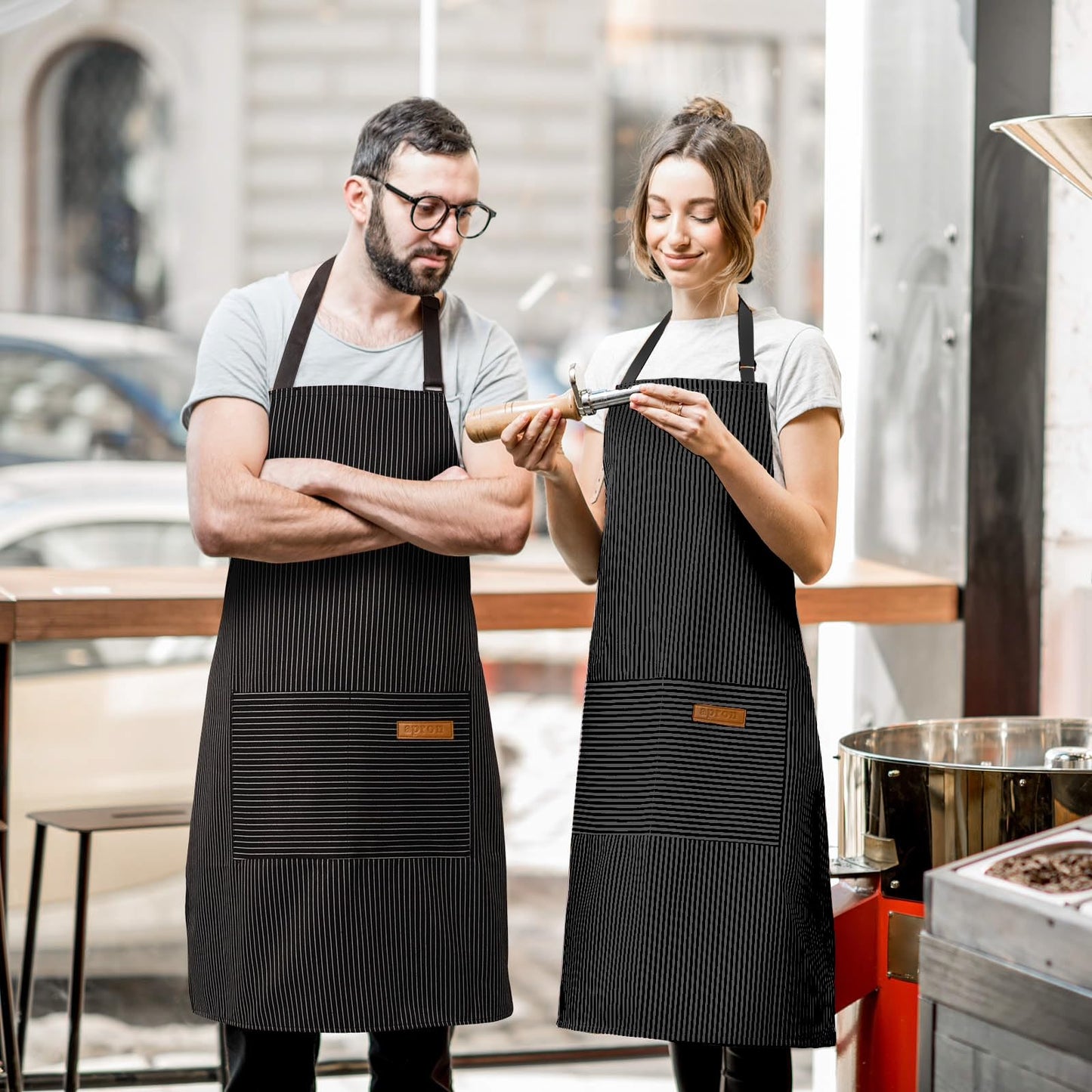 BeLuyi 2 Pack Adjustable Bib Apron with 2 Pockets Chef Cooking Kitchen Restaurant Aprons for Women Men (Black Pinstripe)