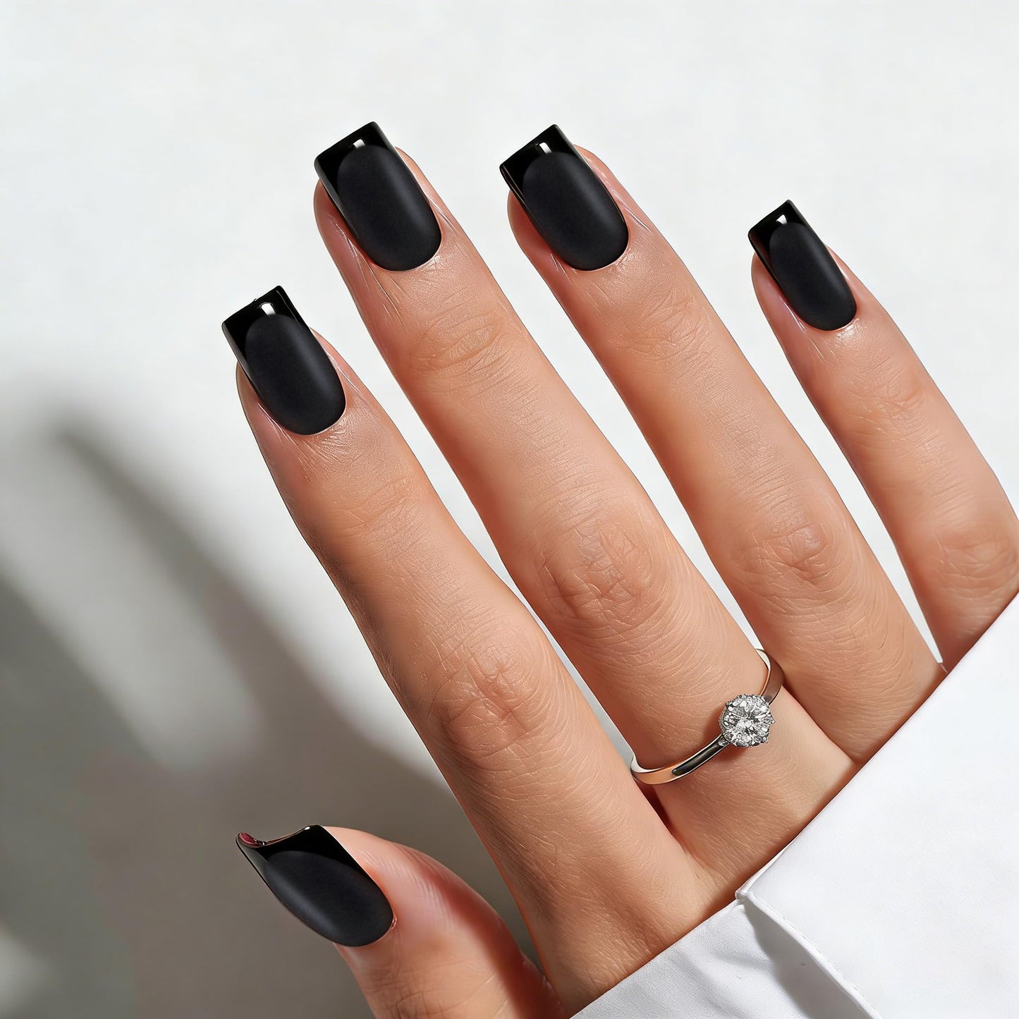 Black Press on Nails Short Square - Black Nails with Glossy French Tips in a Matte Finish, Soft Gel Fake Nails Glue On Nails in 16 Size - 32PCS Soft Gel Glue On Nails Kit