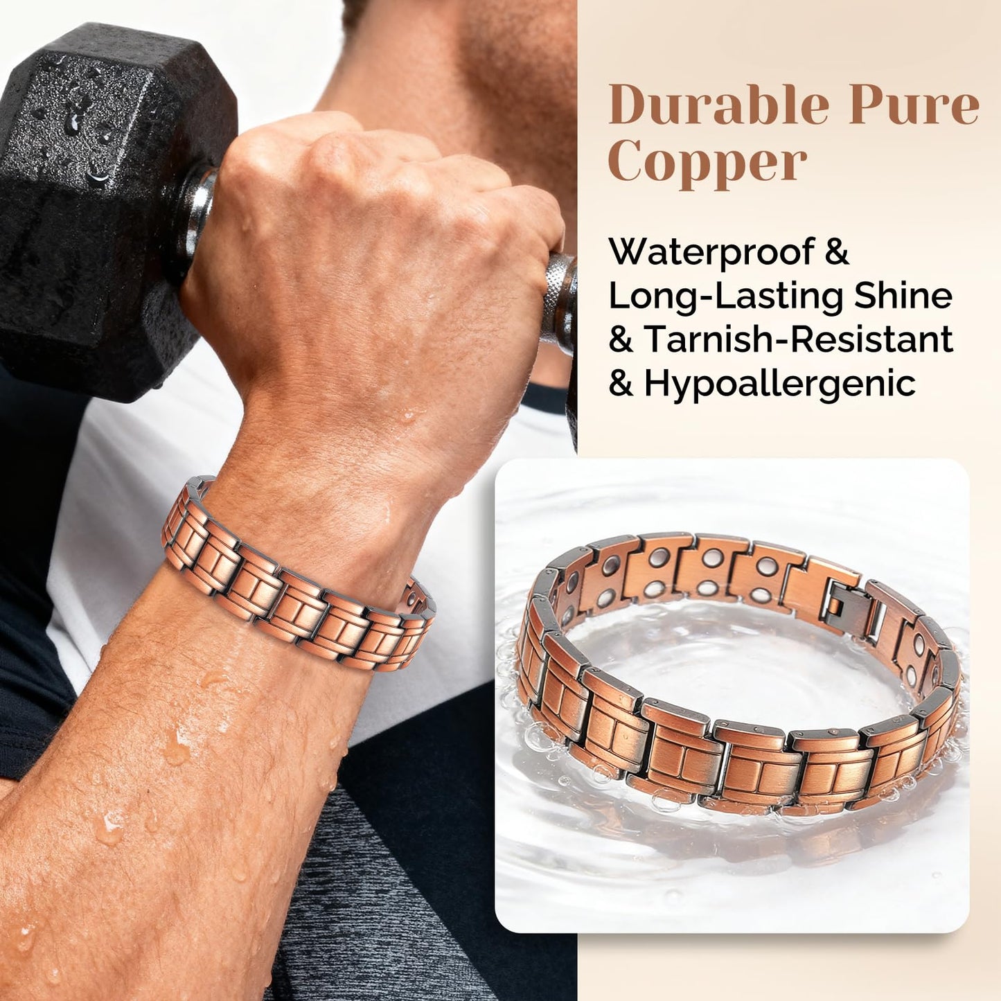 JEROOT Men's 99.99% Pure Copper Magnetic Bracelet, 3500 Gauss Magnets Adjustable with Sizing Tool