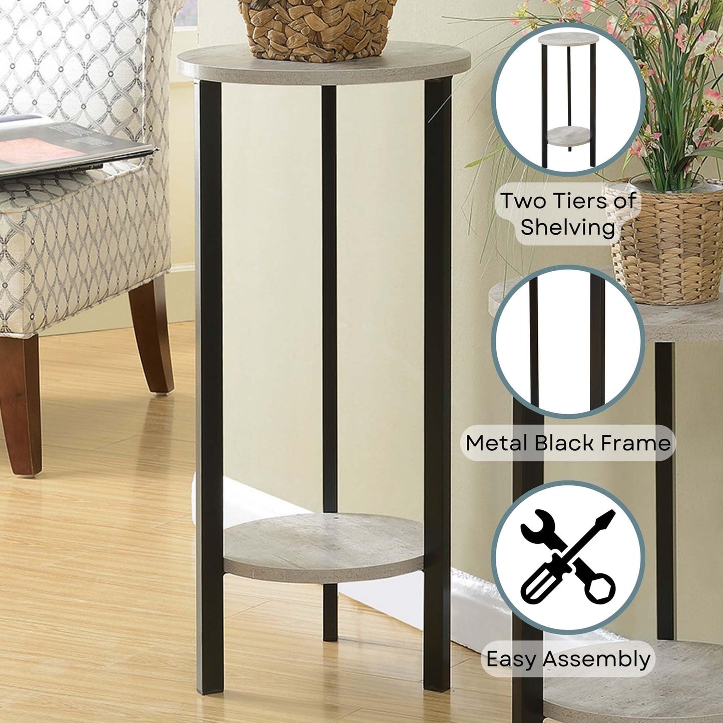 "Convenience Concepts Graystone 31"" Plant Stand, Faux Birch / Black" (111253)