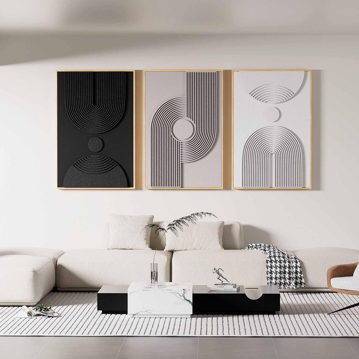 Framed 3D Textured Boho Neutral Abstract Wall Art for Bedroom, 3 Piece Mid Century Modern Artwork for Walls, Creamy White Brown Relief Sculptures for Diningroom Hallway Wall Decor 16x24 In