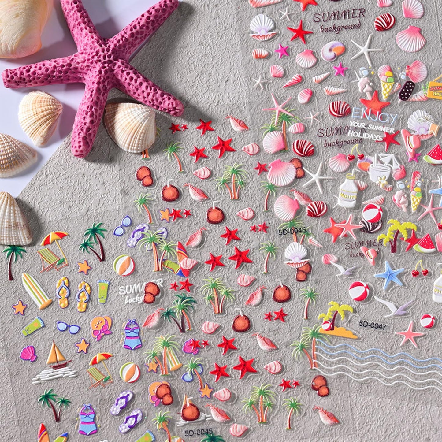 4 Sheets Ocean Nail Art Stickers Summer Nail Decals 5D Embossed Beach Self-Adhesive DIY Nail Sticker Cute Palm Tree Sea Shell Starfish Nail Supplies for Women Acrylic Nails DIY Decoration