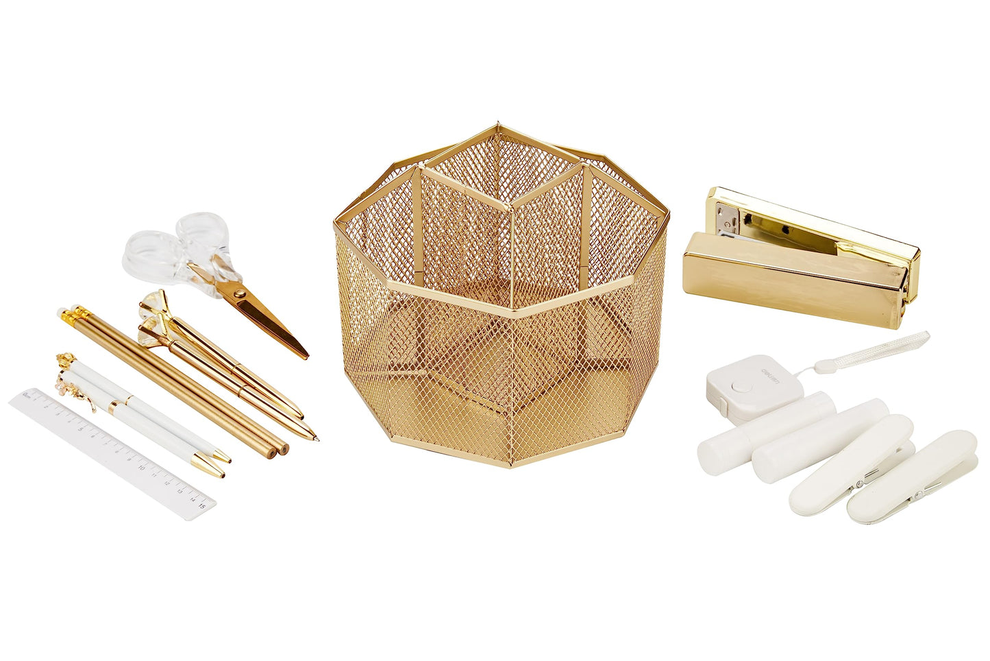 Annova Mesh Desk Organizer Rotate with 5 Compartments Spinning Tidy Candy/Pen Holder Office, Art Supply, Storage, Classroom, Home (Gold)