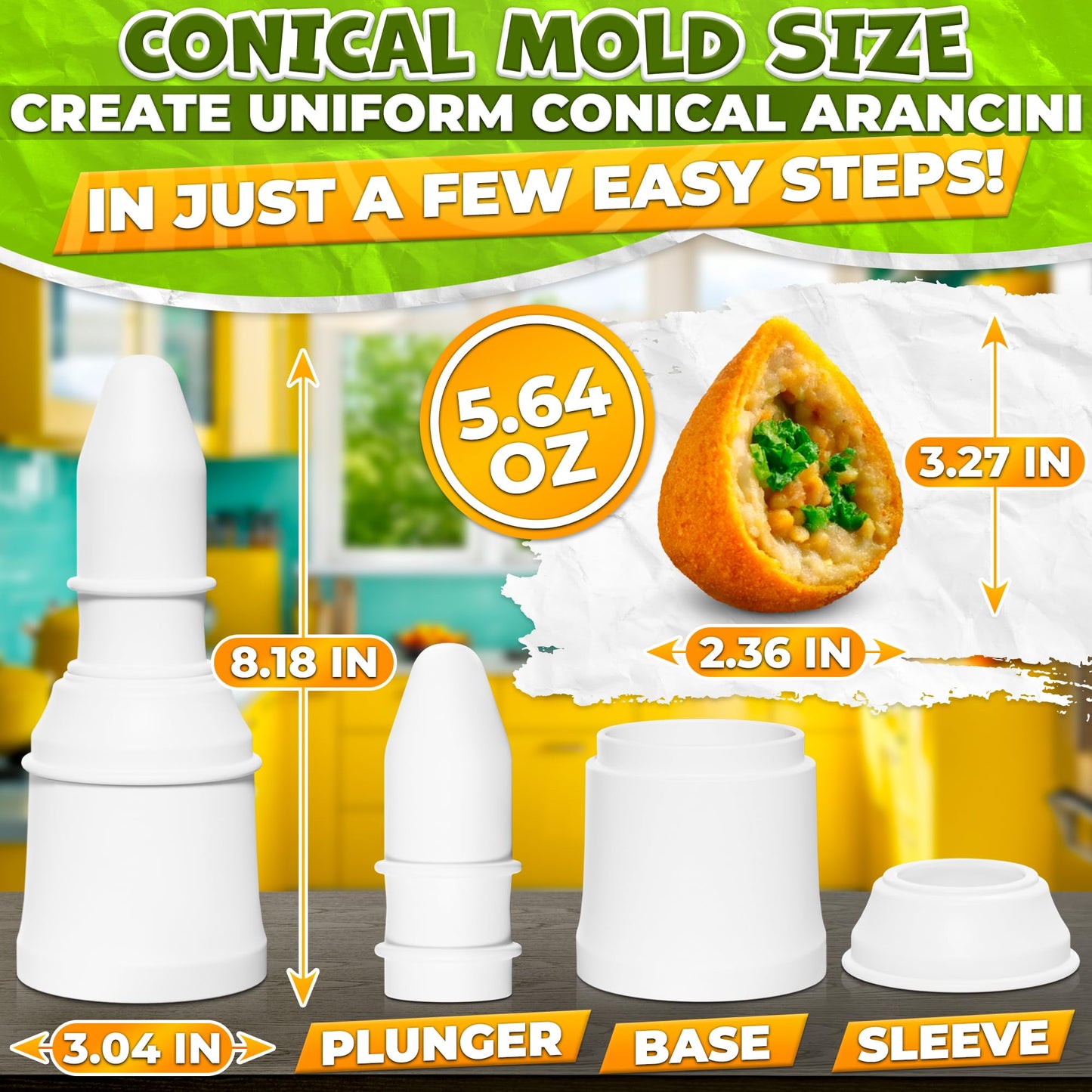 Arancini Maker Mold Set of 2 – 160g/5.65oz Rice Ball Maker Mold, Traditional Italian Rice Balls – Round & Pointed Shapes, Easy Handling, Quick Cleanup | Comfortable Grip for Home or Professional Use