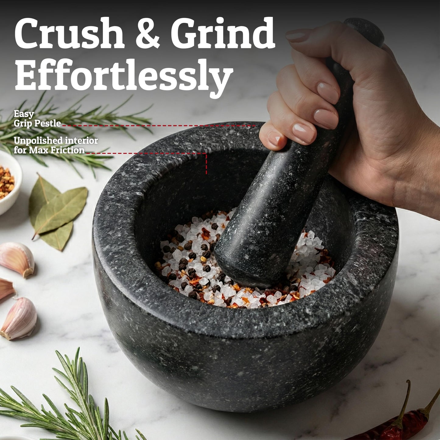Priority Chef Heavy Duty Mortar and Pestle Set, 1.5 Cup, 100% Granite, Non Slip Base, Make Fresh Guacamole, Salsa, Pesto, Stone Grinder Bowl, Herb Crusher, Spice Grinder, 5.5 Inch - Black