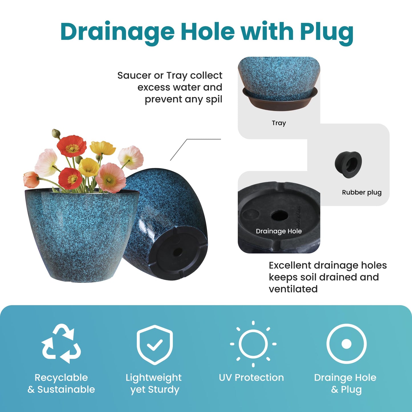 Vanslogreen Plant Pots Set of 2, 8 inch Plastic Planters with Drainage Holes, Modern Glaze Flower Plant Pot for Indoor Outdoor Herb Snake Succulent Plants
