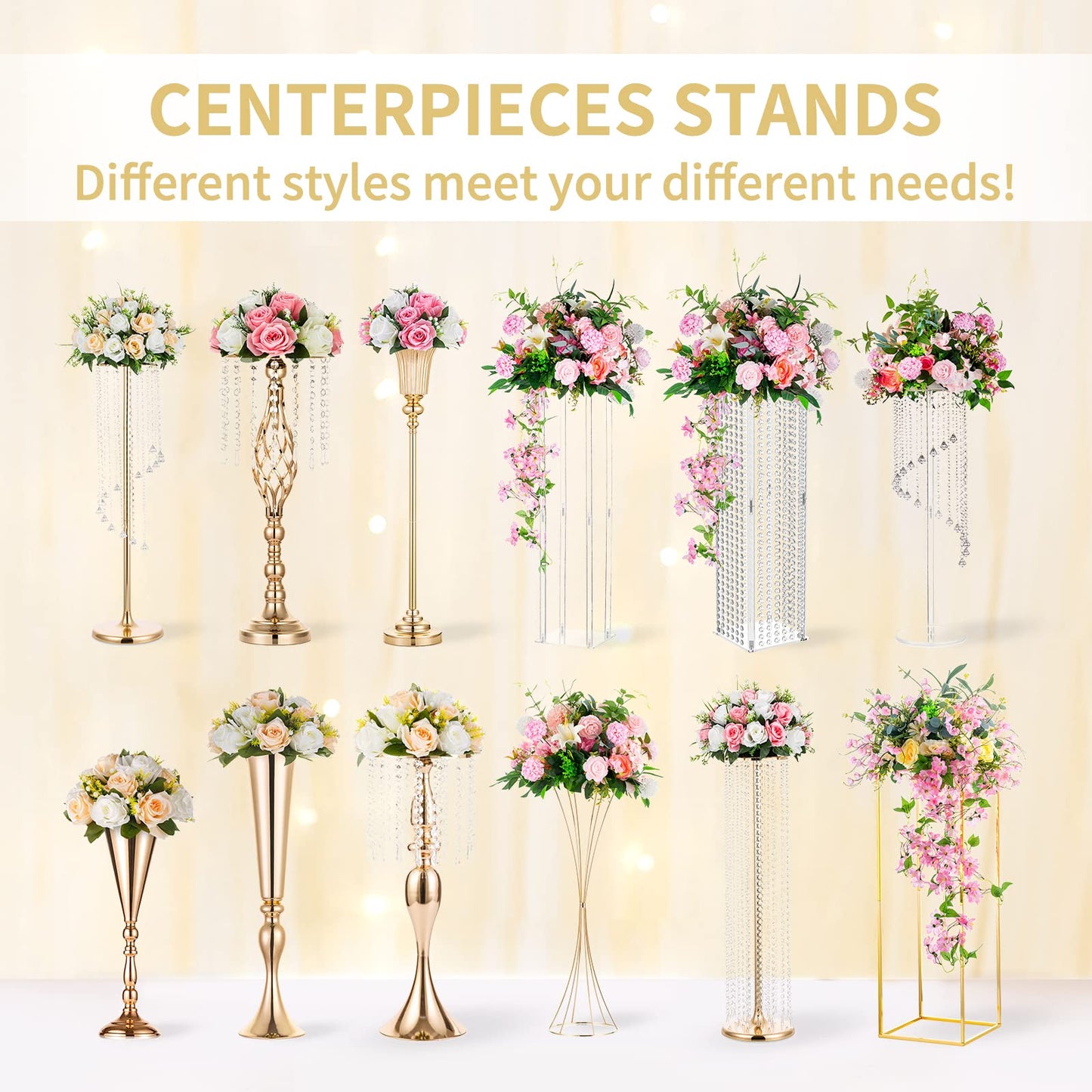NUPTIO 2 Pcs Metal Flower Floor Vase Column Geometric Centerpieces Flower Stand for Tables, 31½ inch Tall Gold Flower Holder for Home Party Wedding Decorations, Rectangular Display Rack