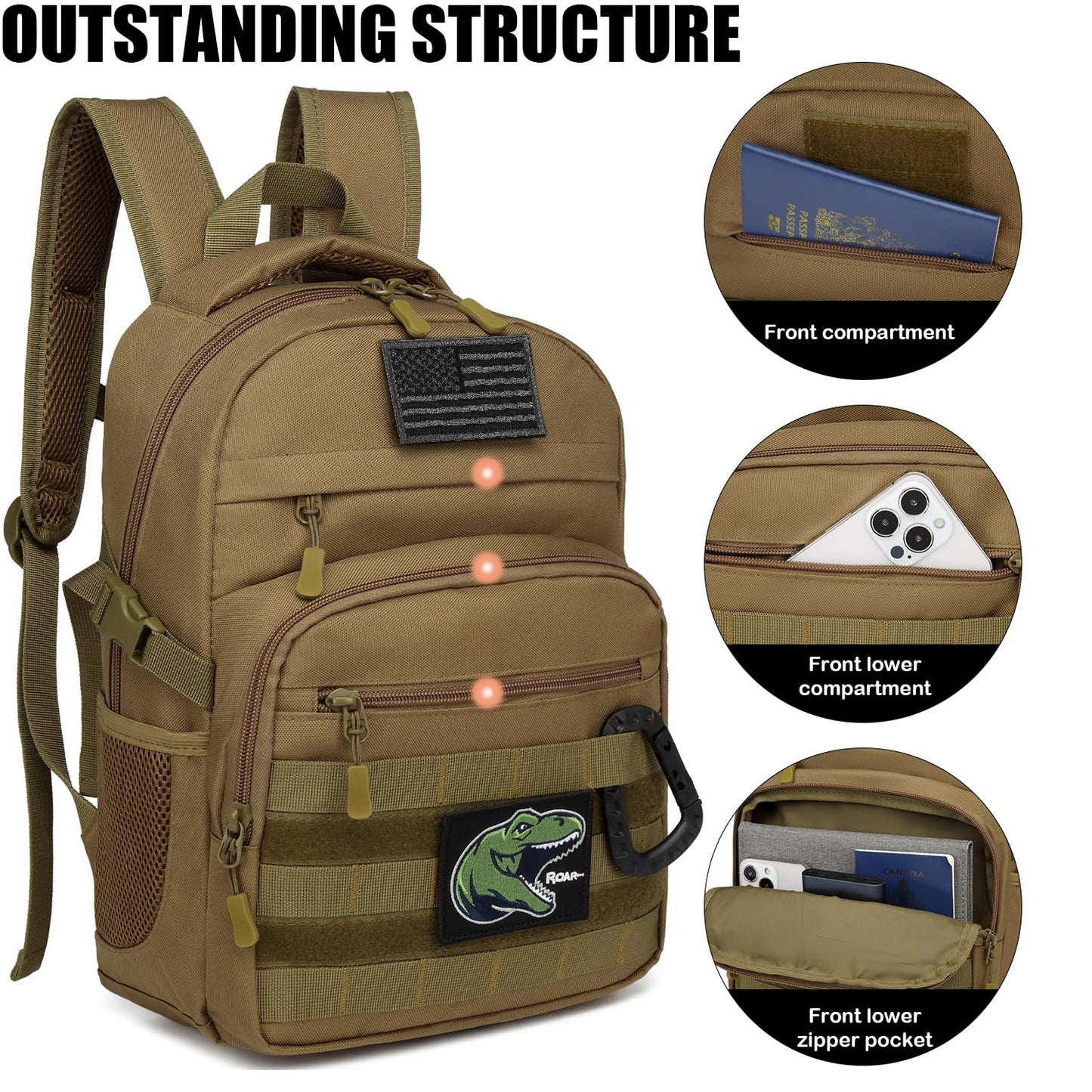 SunForMorning Kids Tactical Backpack Army Molle Bookbag Military Boys Backpack for School, Outdoor, Camping (Includes 2 Patches +1 Carabiner), Brown