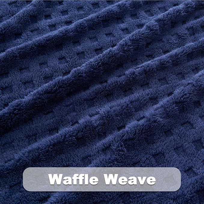 NEWCOSPLAY Super Soft King Blanket Navy Premium Silky Flannel Fleece 3D Waffle Checkered Lightweight Bed Blanket All Season Use (Dark Navy, King(90"x110"))
