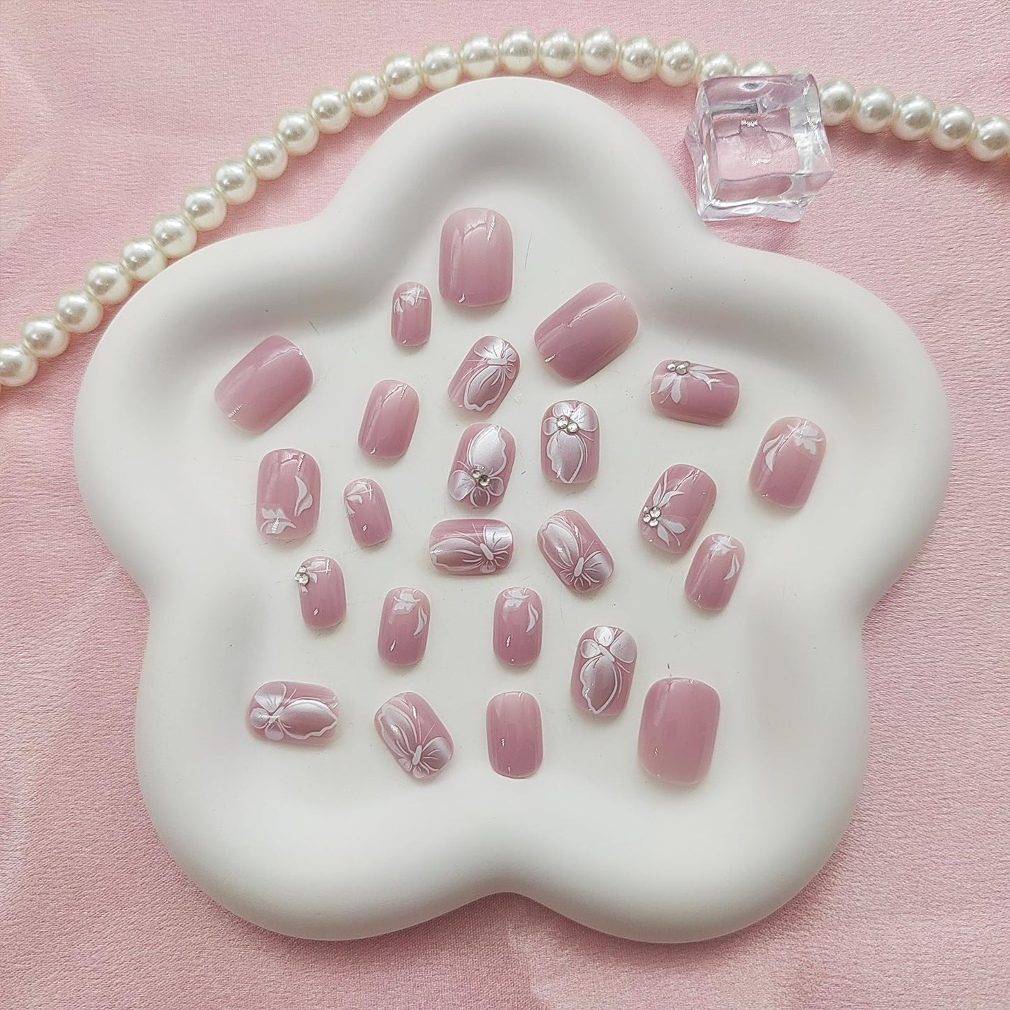 Square Press on Nails Short Fake Nails with White Butterfly Rhinestones Designs Light Pink Nails Press ons Cute Acrylic Nails Glossy Glue on Nails Spring Summer Stick on Nails for Women 24Pcs