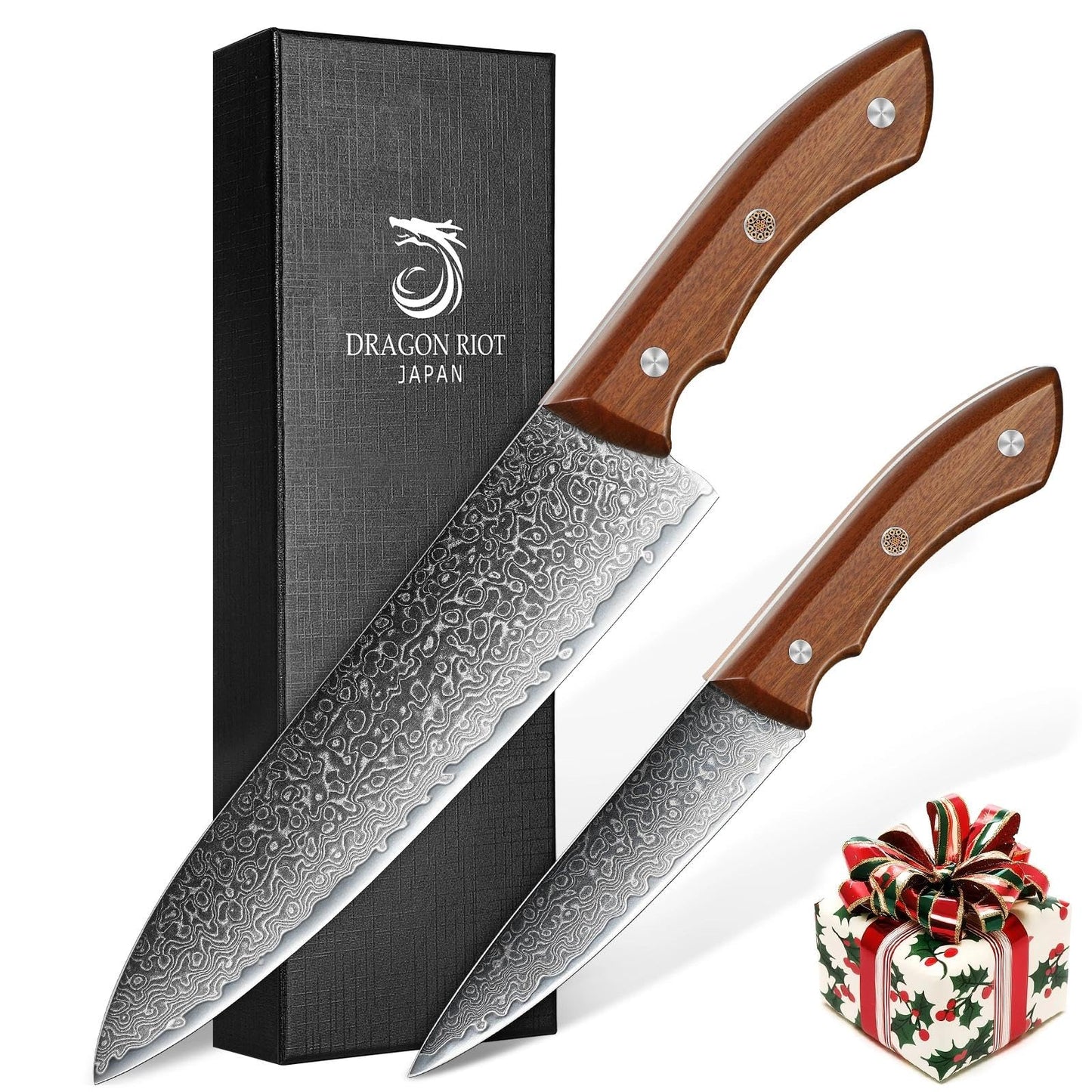 DRAGON RIOT Damascus Chef Knife Set, 2pcs VG10 Professional Kitchen Knife Set, Ultra Sharp Blade & Ergonomic Wooden Handle, Full Tang Forged Damascus Steel Kitchen Cooking Knife Set with Gift Box