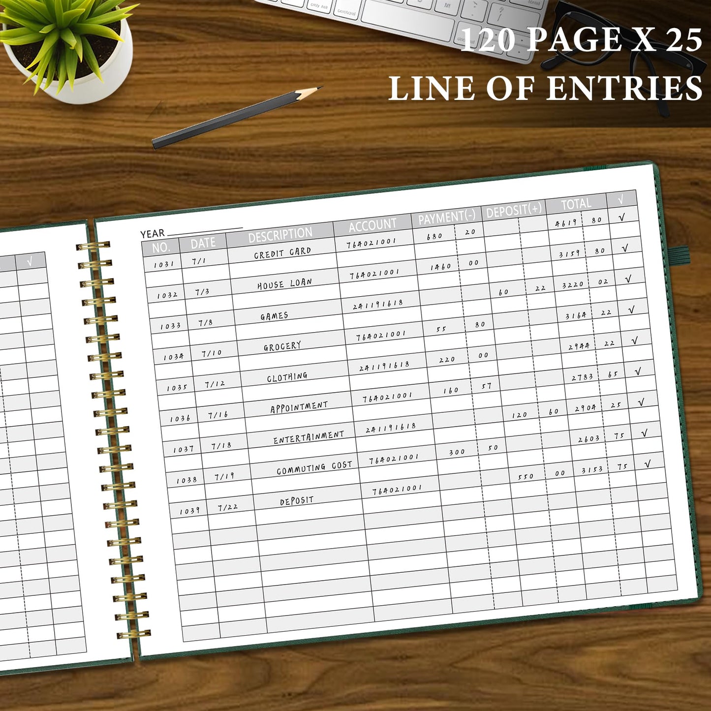 AKONEGE Accounting Ledger Book for Personal & Small Business Bookkeeping, Horizontal Income and Expense Tracker Notebook with Calendar, Hardcover Columnar Log Journal 10.78" x 8", Dark Green